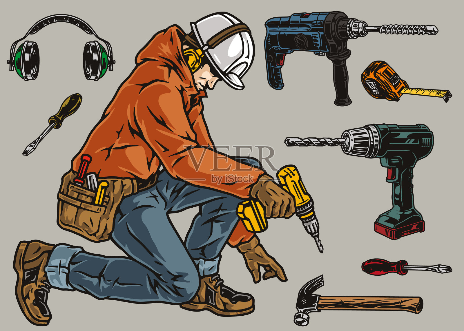 地板安装工和手动工具零件插画图片素材