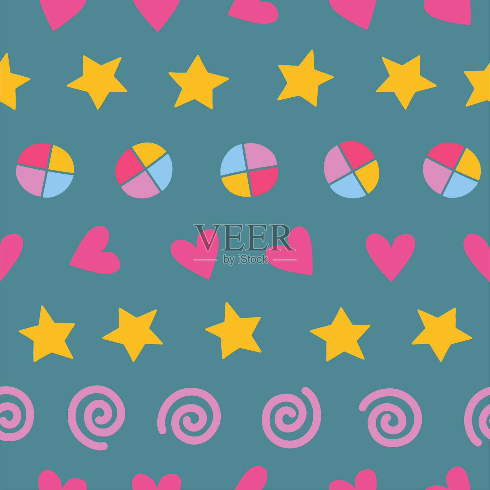 简单的条纹图案与心，星星和螺旋在一排绿色背景。插画图片素材