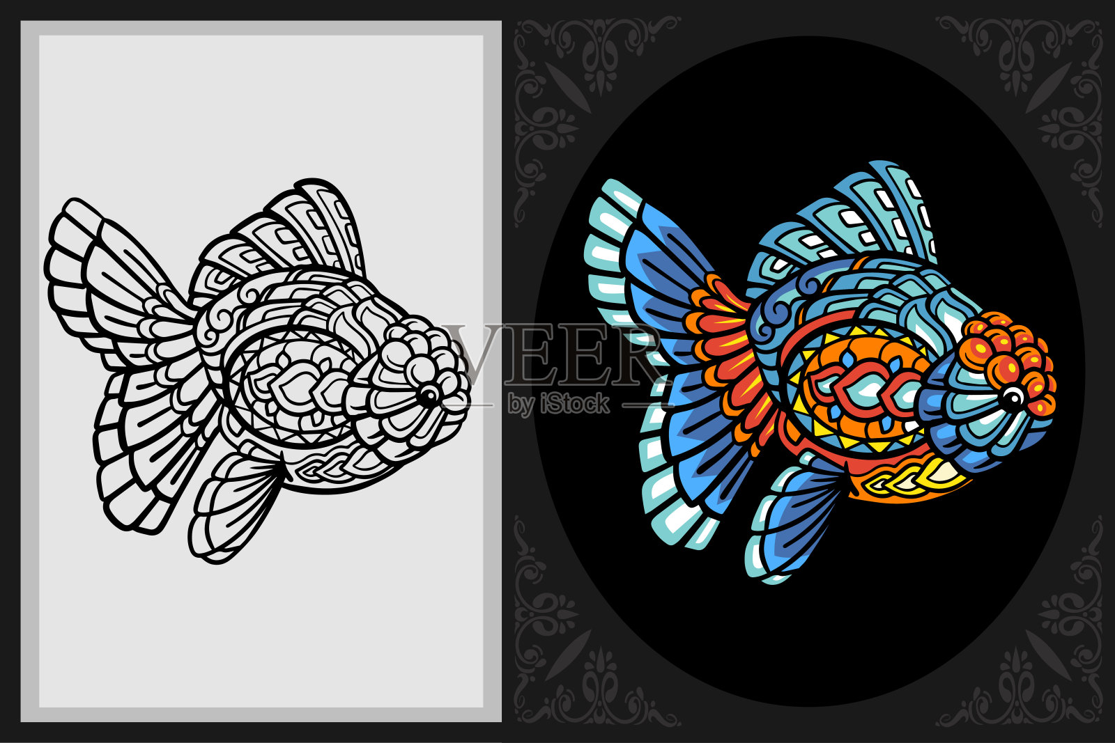 彩色金鱼艺术与黑色线素描孤立在黑白背景插画图片素材