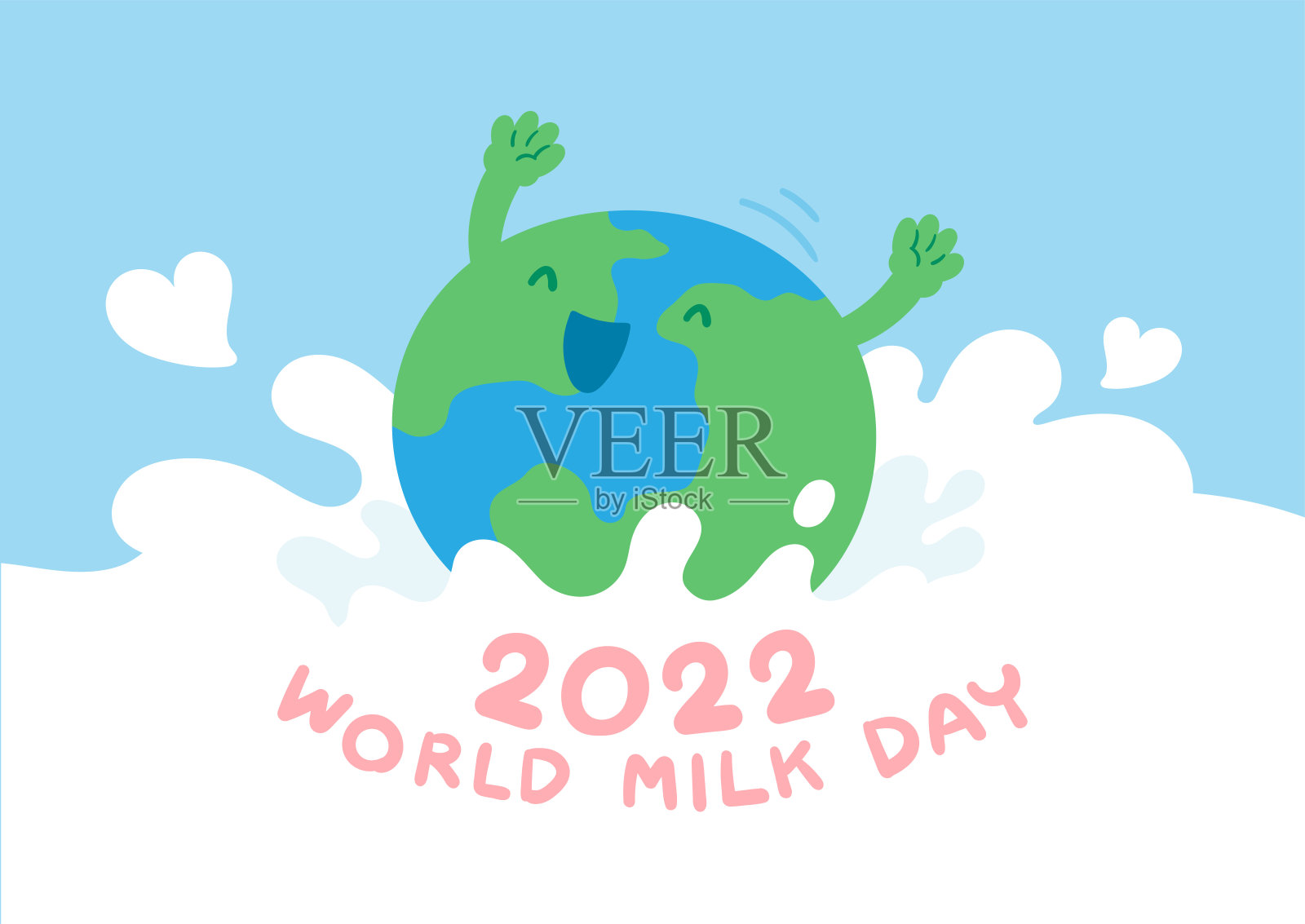 世界牛奶飞溅，2022年世界牛奶日概念漫画平面设计插图孤立在蓝色背景与复制空间，矢量eps 10设计元素图片