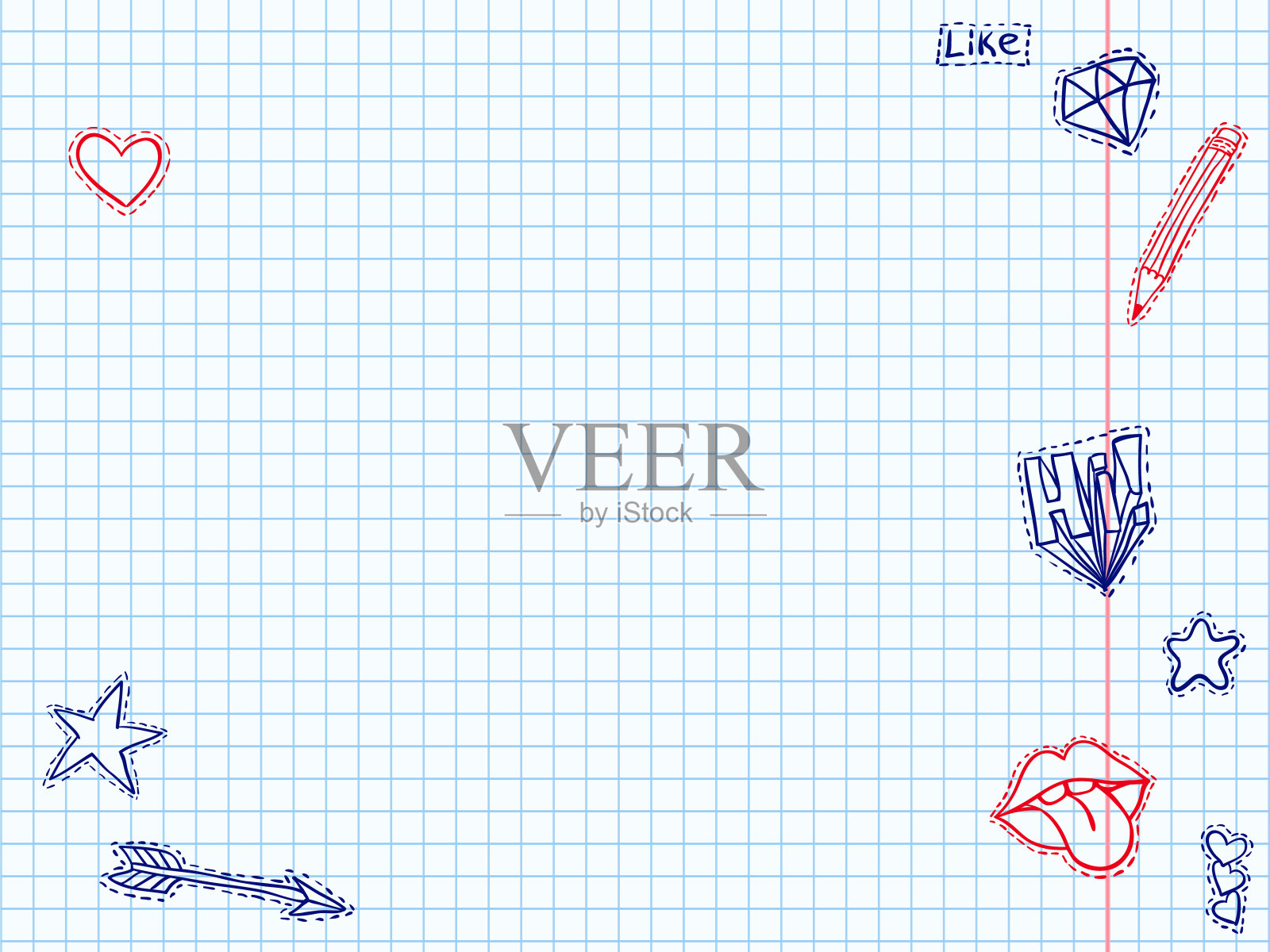 用有趣的贴纸画的笔记本页。时尚新潮的卡通徽章。女孩日记页背景。涂鸦素描向量。社交媒体有趣的纹理。插画图片素材