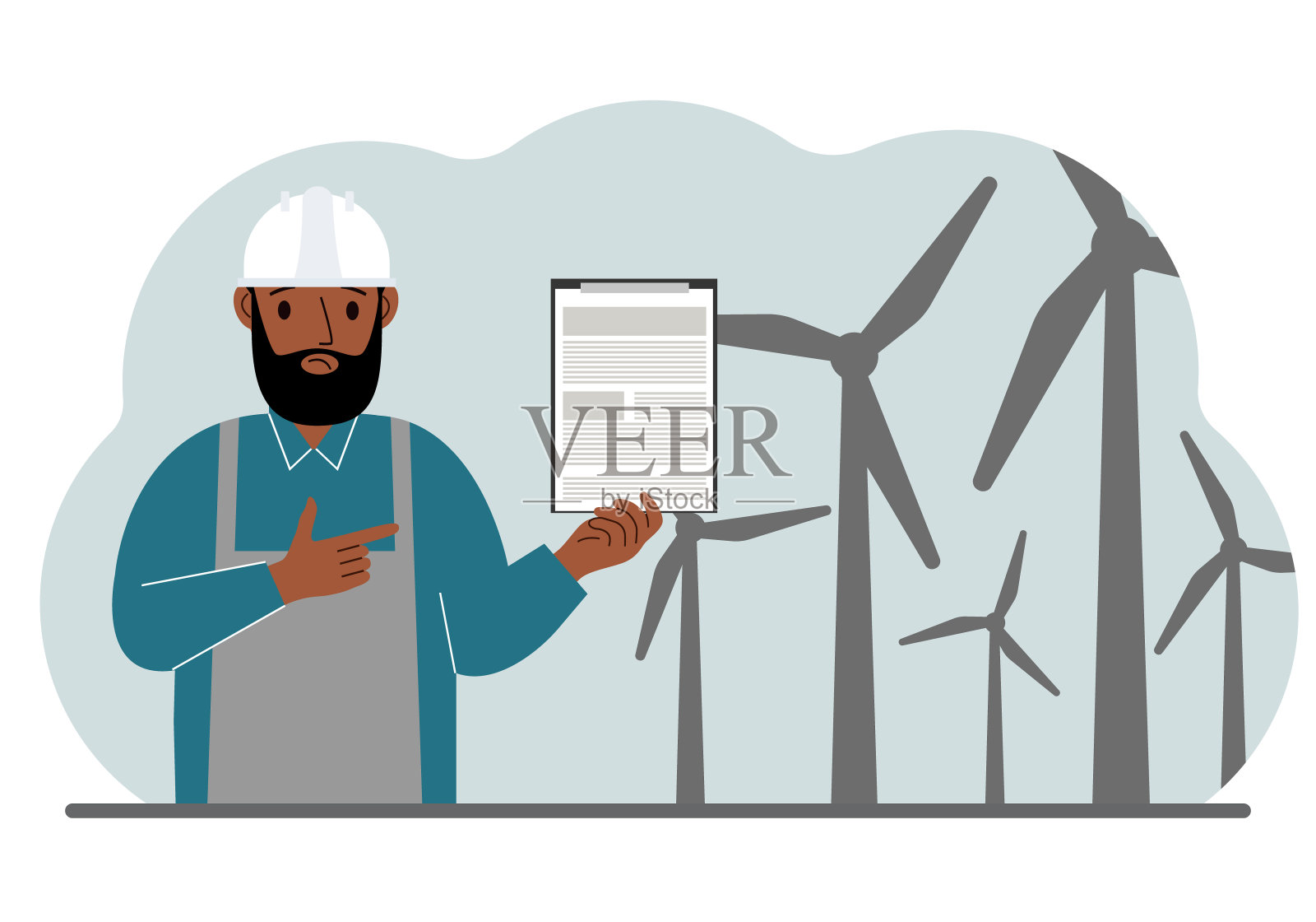 技术工程师，能源风电场。清洁替代能源的概念。保护环境，保护生态。插画图片素材