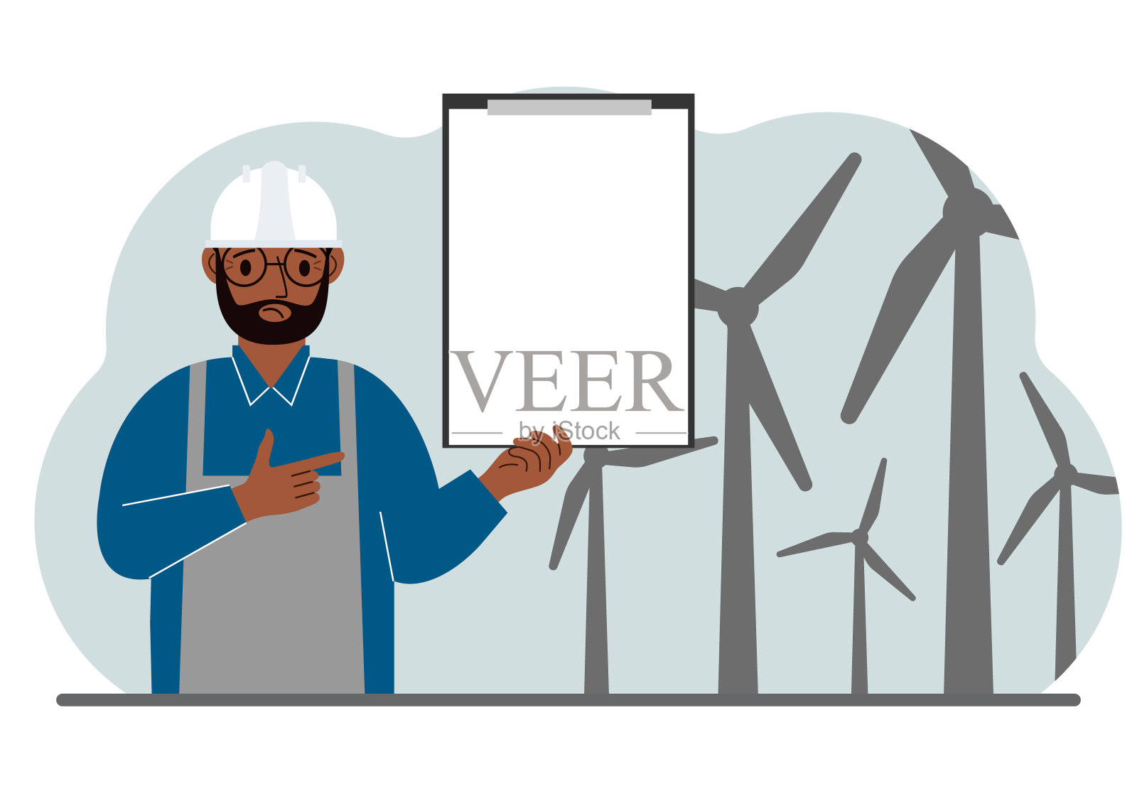 技术工程师，能源风电场。清洁替代能源的概念。保护环境，保护生态。插画图片素材