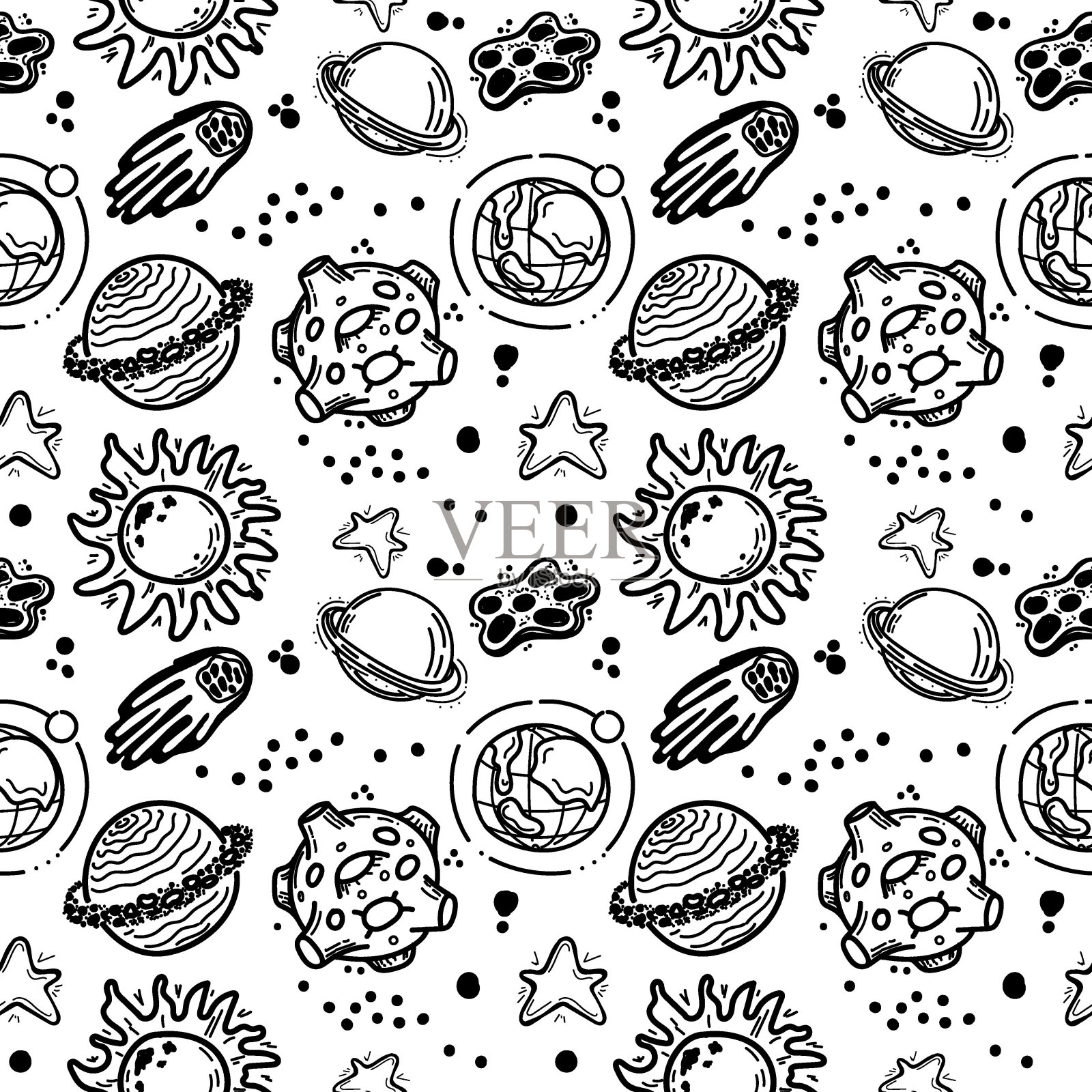 行星、彗星、小行星和恒星的无缝组合。矢量卡通风格。太阳。星星。太阳系的白色背景。可用于贺卡，儿童时尚。插画图片素材