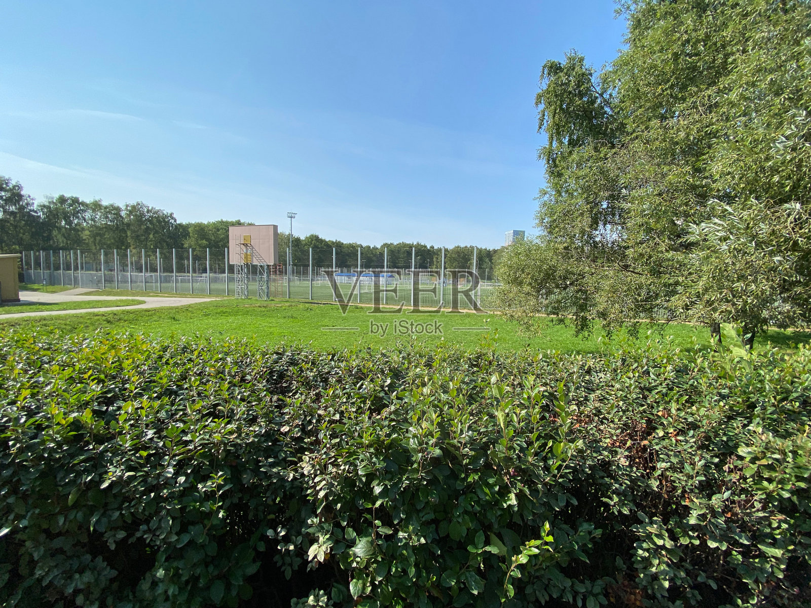 在阳光明媚的夏日，足球场靠近围栏照片摄影图片