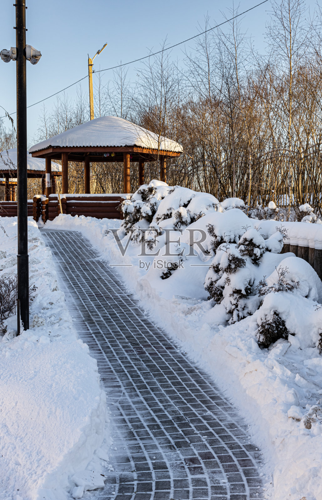 雪后清理出来的小径通向木制露台照片摄影图片