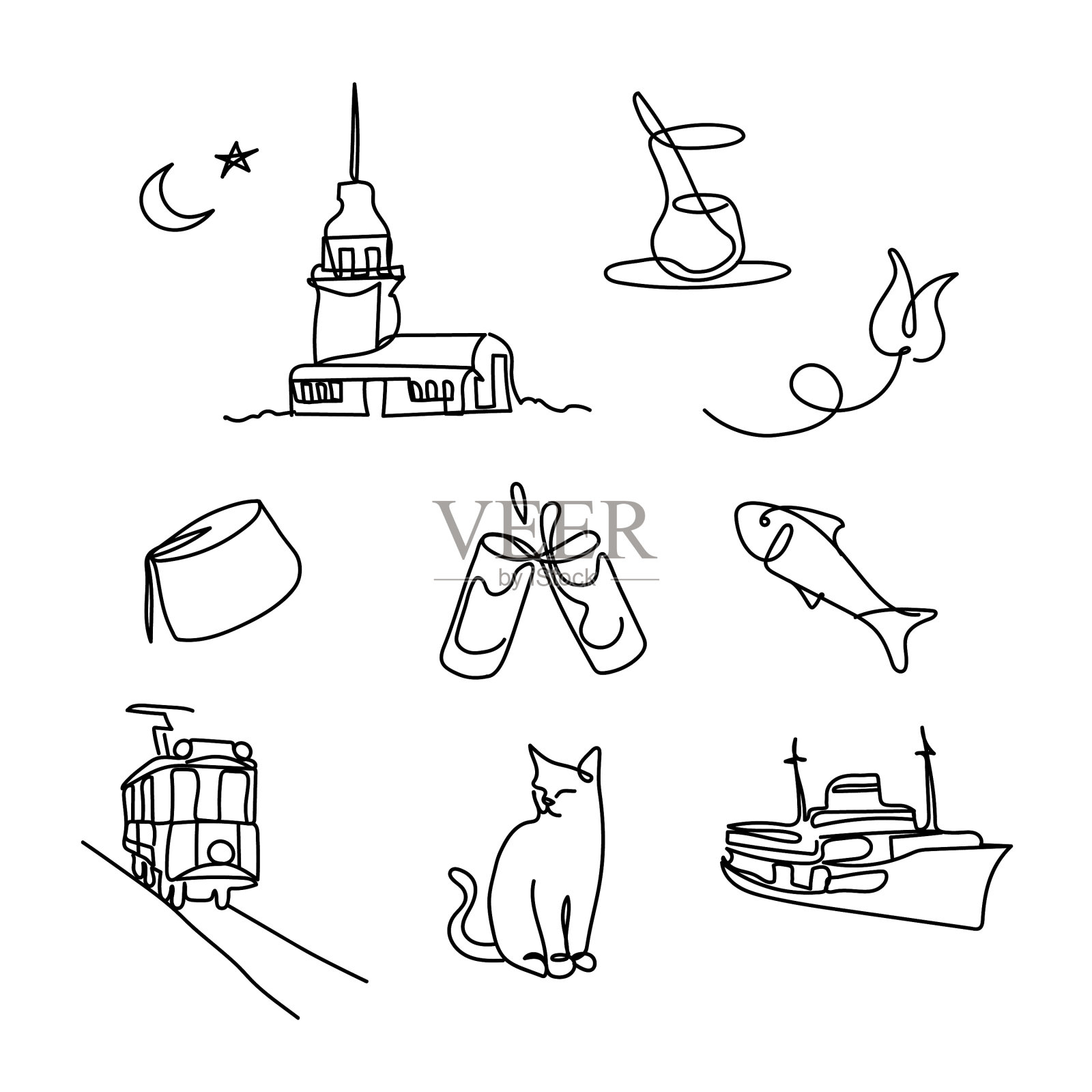 一套伊斯坦布尔一条线的图纸插画图片素材