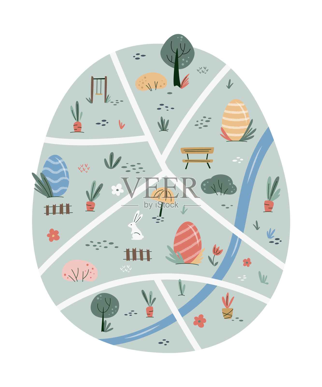 可爱的复活节寻蛋设计。可爱的地图与装饰鸡蛋，兔子，树和胡萝卜。放荡不羁的风格。向量插图贺卡，邀请，横幅，海报插画图片素材