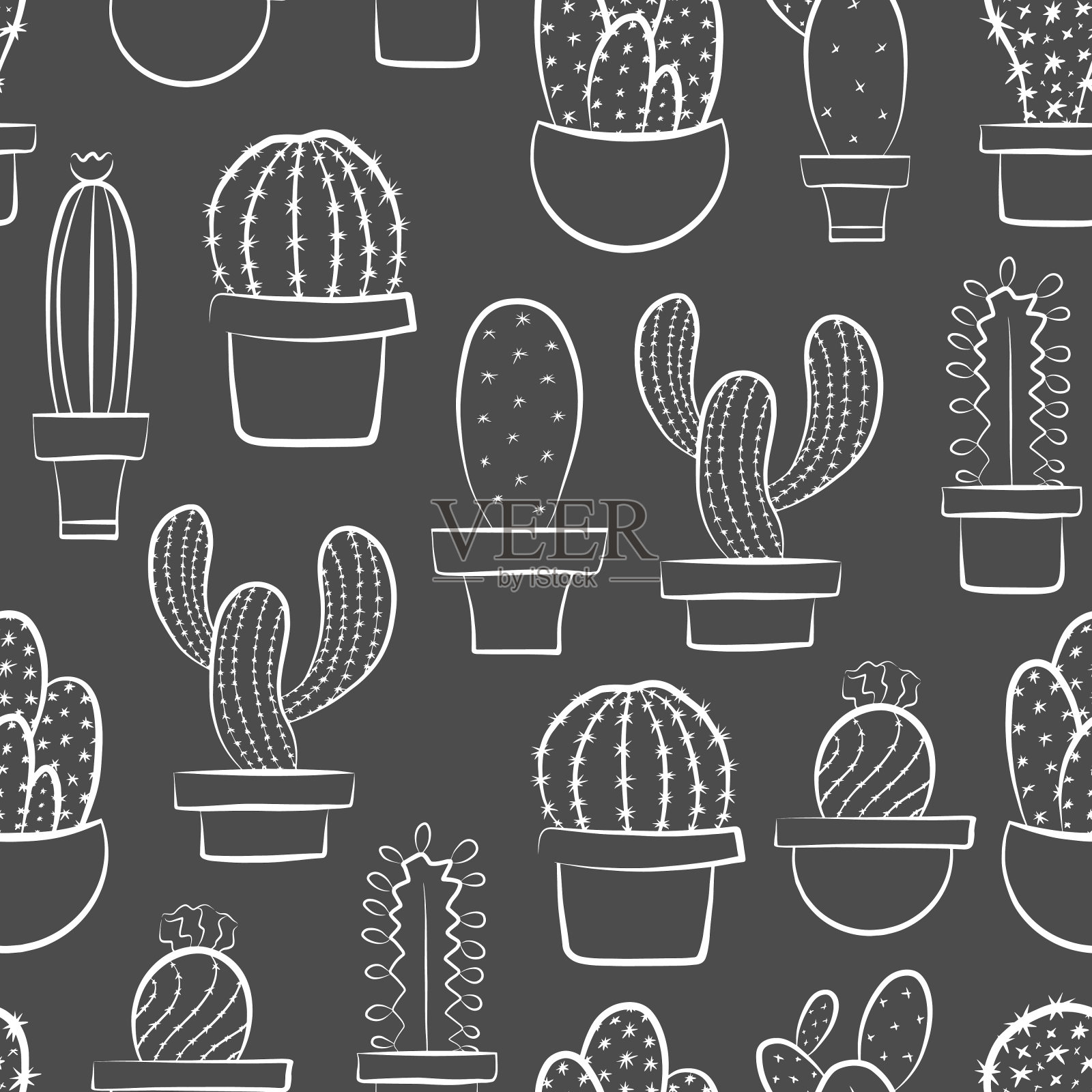 仙人掌植物孤立矢量插图。黑白无缝图案模板。简单的图形轮廓绘制。涂鸦沙漠多肉花图标集。插画图片素材