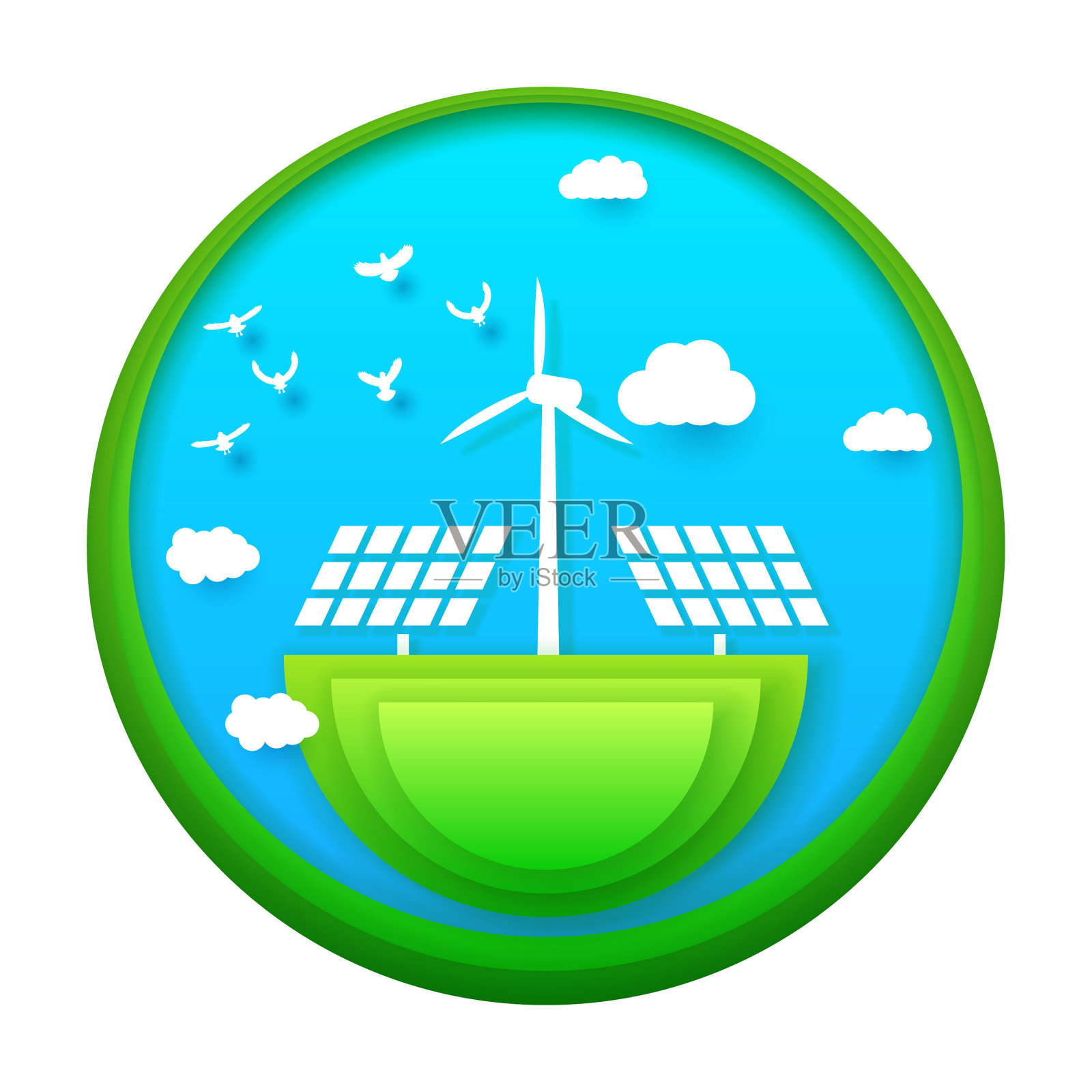 绿色抽象剪纸风车，太阳能设计元素矢量背景折纸概念剪影自然森林生态技术插画图片素材