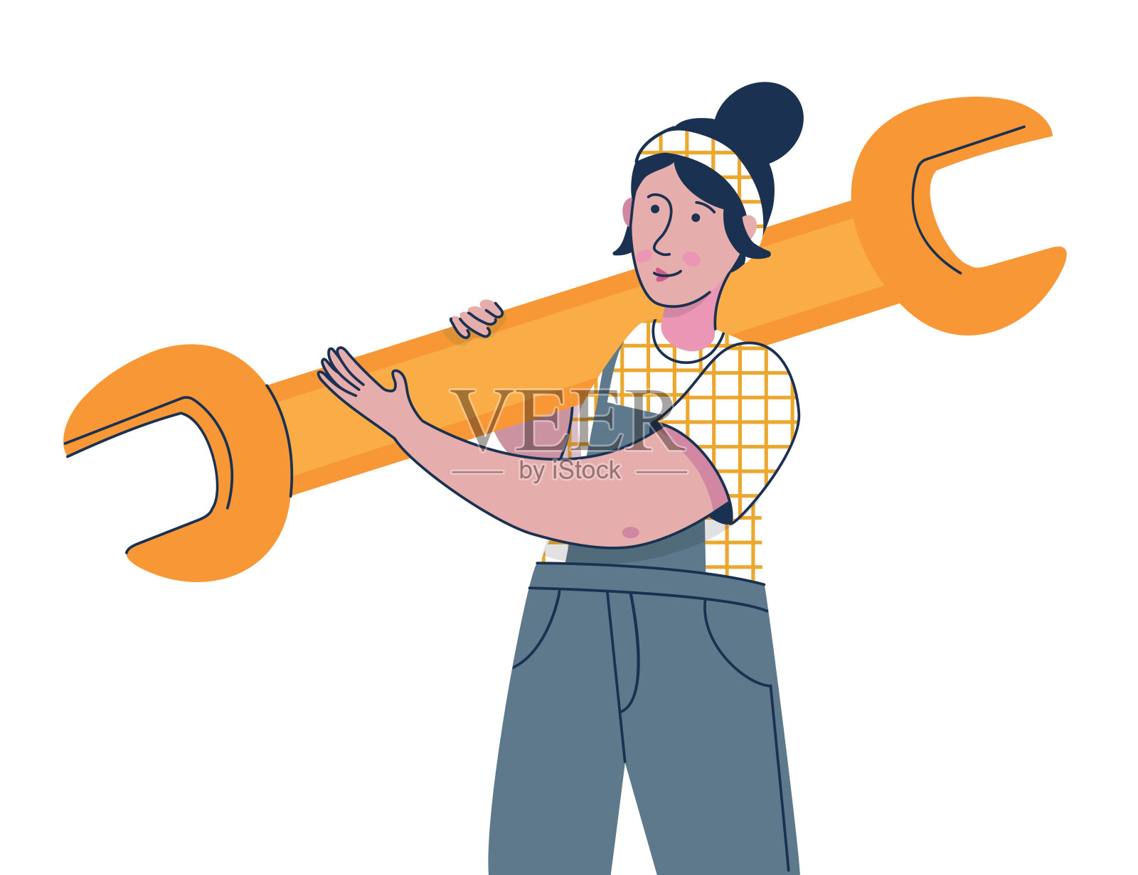 使用大扳手的女工。女水管工，锁匠，机械师，修理工。插画图片素材