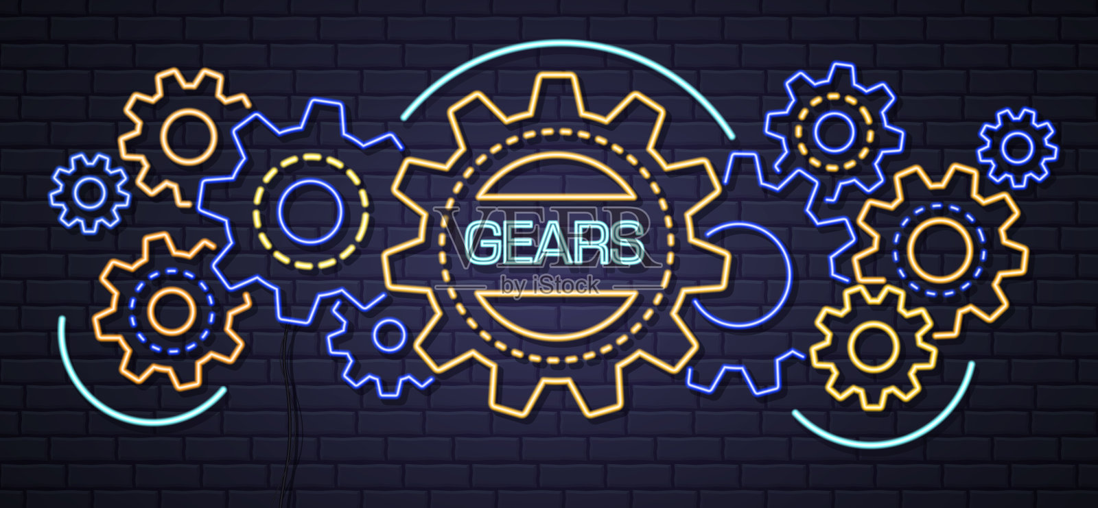 一组霓虹灯彩色齿轮在黑色砖的背景。霓虹灯图标设计。矢量图插画图片素材