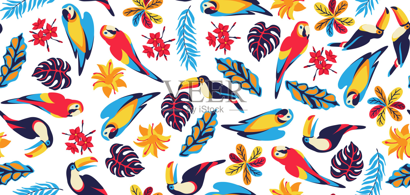 无缝图案与金刚鹦鹉，巨嘴鸟和热带植物。异国情调的装饰性鸟、花和叶。插画图片素材