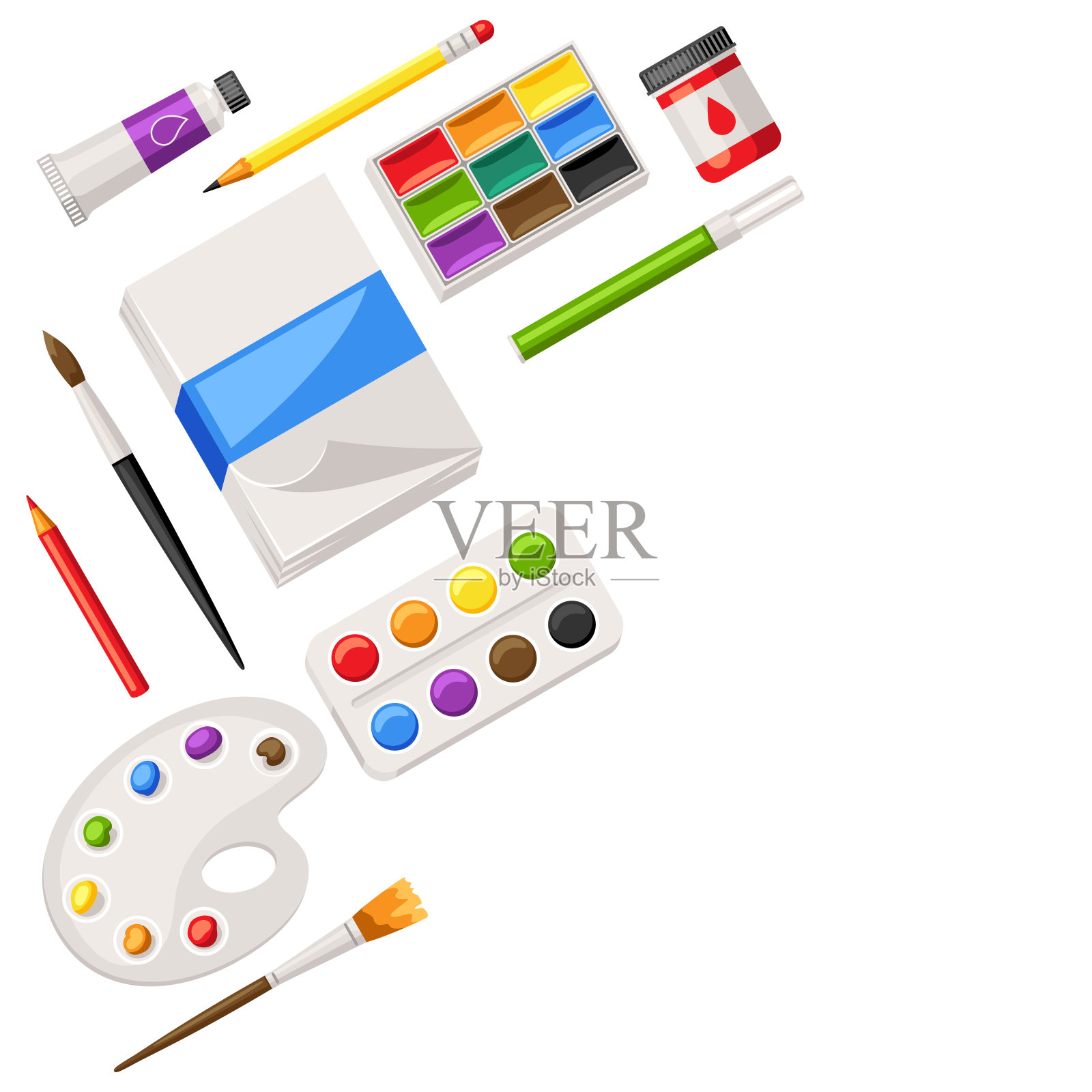 背景与画家工具和材料。艺术创作用品。插画图片素材