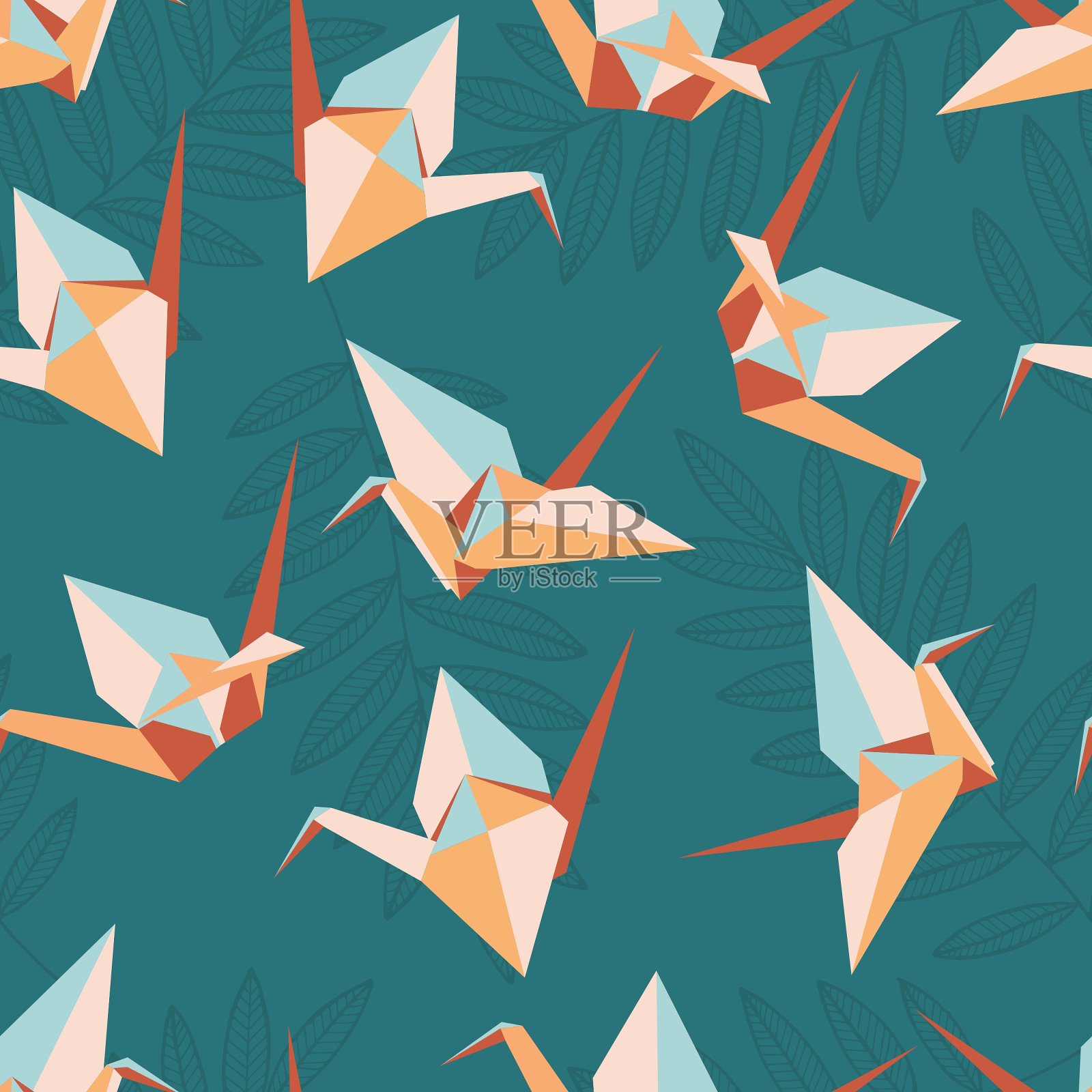 折纸起重机矢量无缝图案。千纸鹤。插画图片素材