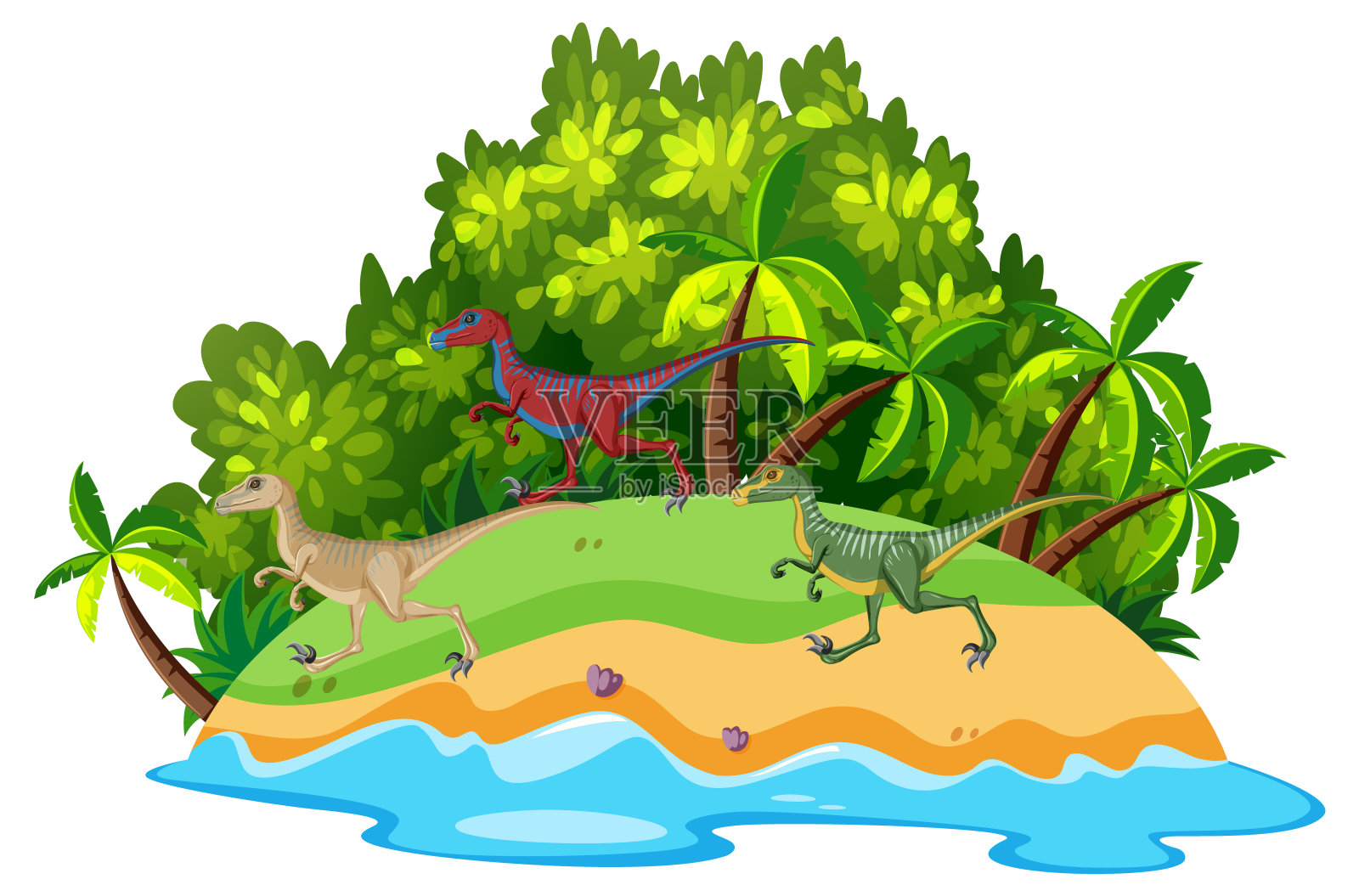 恐龙在岛上的场景插画图片素材