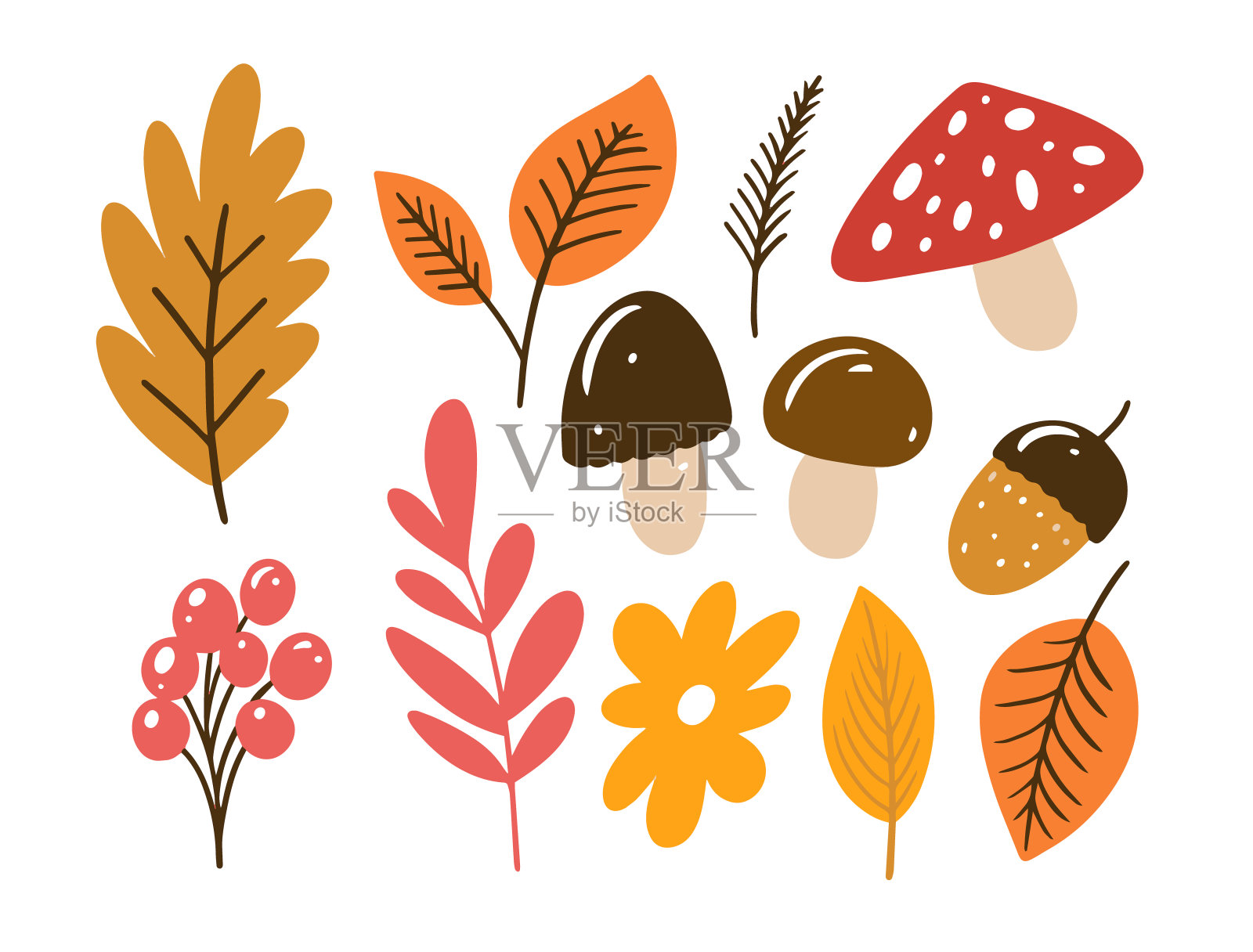 秋日手绘彩色元素集。秋天的标志和符号。插画图片素材