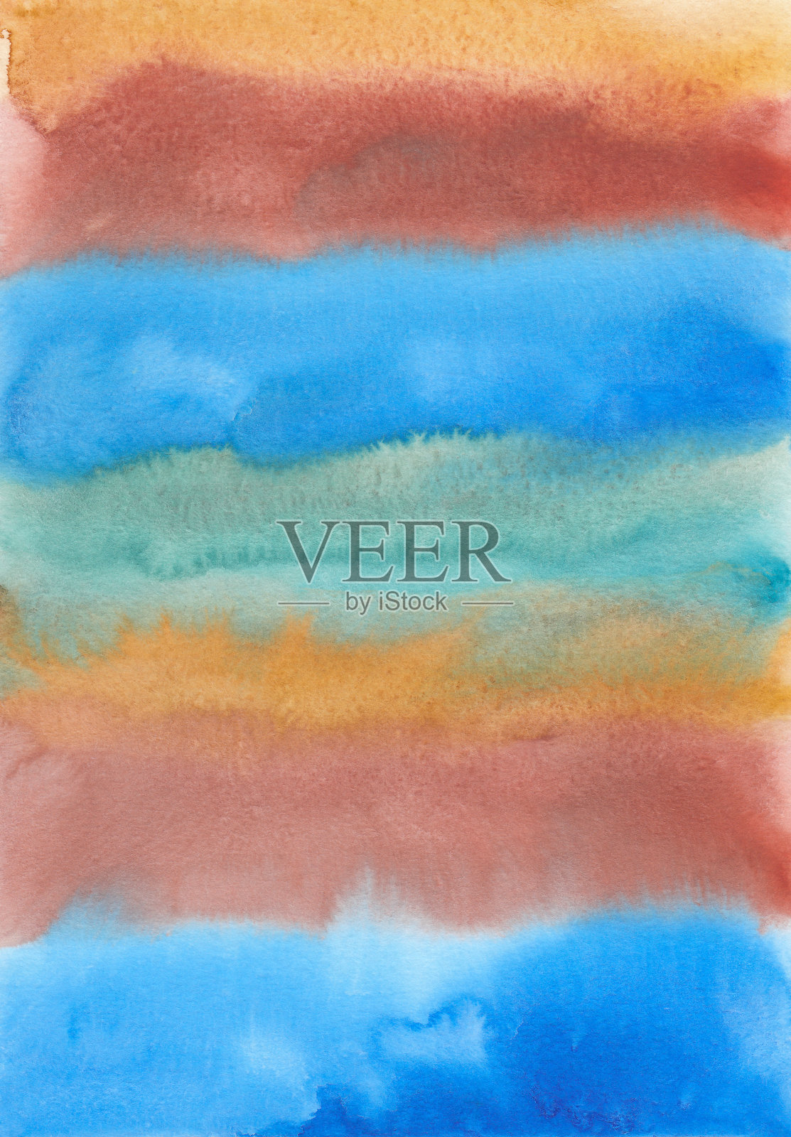 抽象彩色条纹水彩背景纹理，手绘。艺术蓝色，棕色，橙色的背景，纸上的污渍。水彩画绘画壁纸。插画图片素材