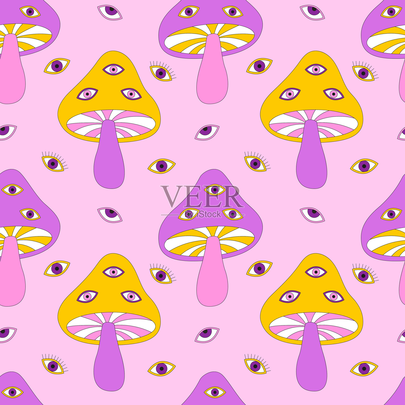 无缝图案与复古复古怪异的迷幻蘑菇眼睛。涂鸦的元素。适用于青年纺织品，包装纸。粉红色背景上的颜色向量插图。插画图片素材
