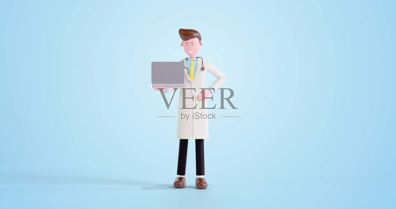 自信的3d卡通医生角色显示空白的笔记本电脑照片摄影图片