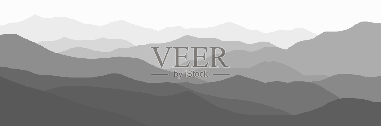 矢量插图的山，脊在早晨的薄雾，全景，黑色和白色插画图片素材