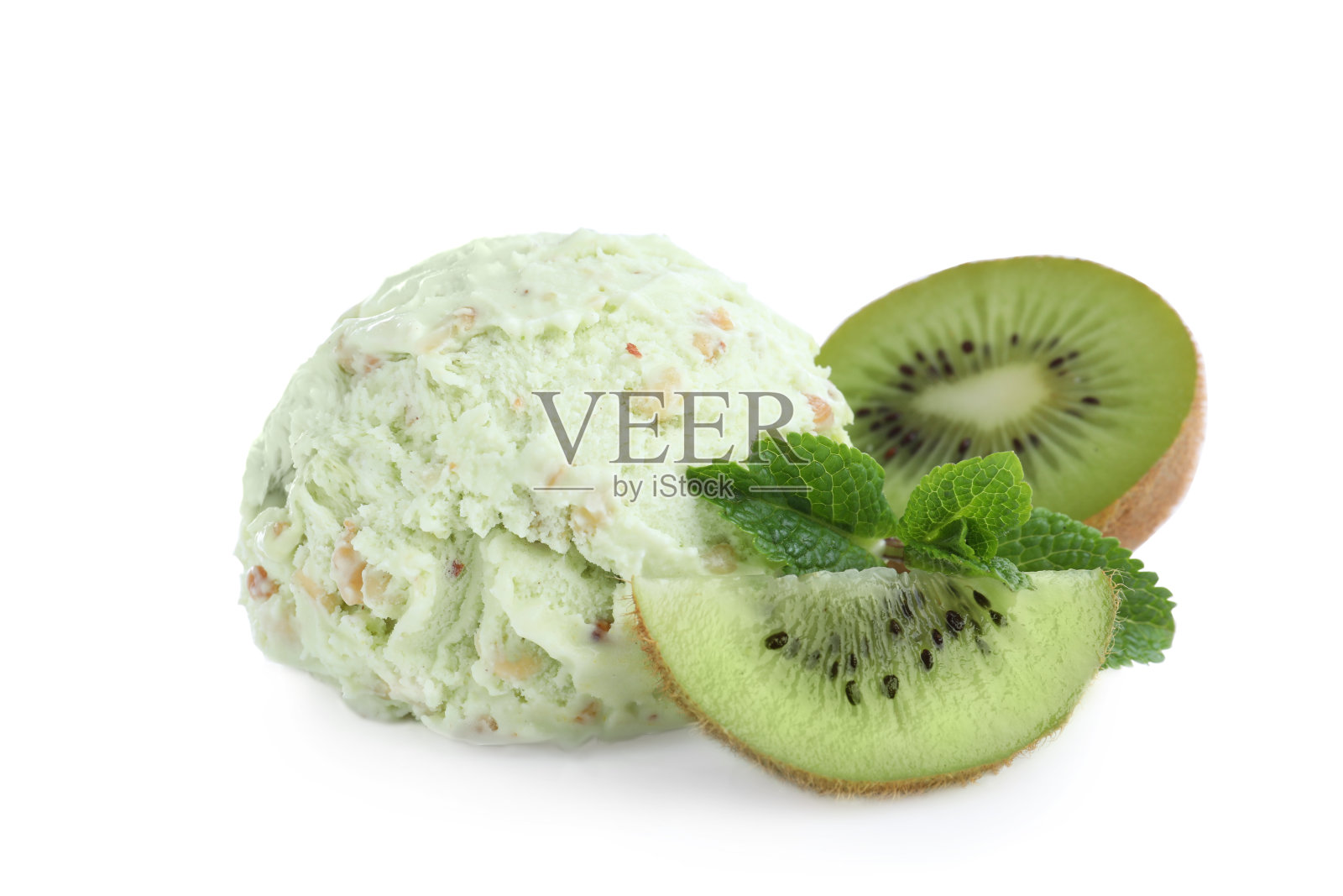 一勺美味的冰淇淋与猕猴桃和薄荷在白色的背景照片摄影图片