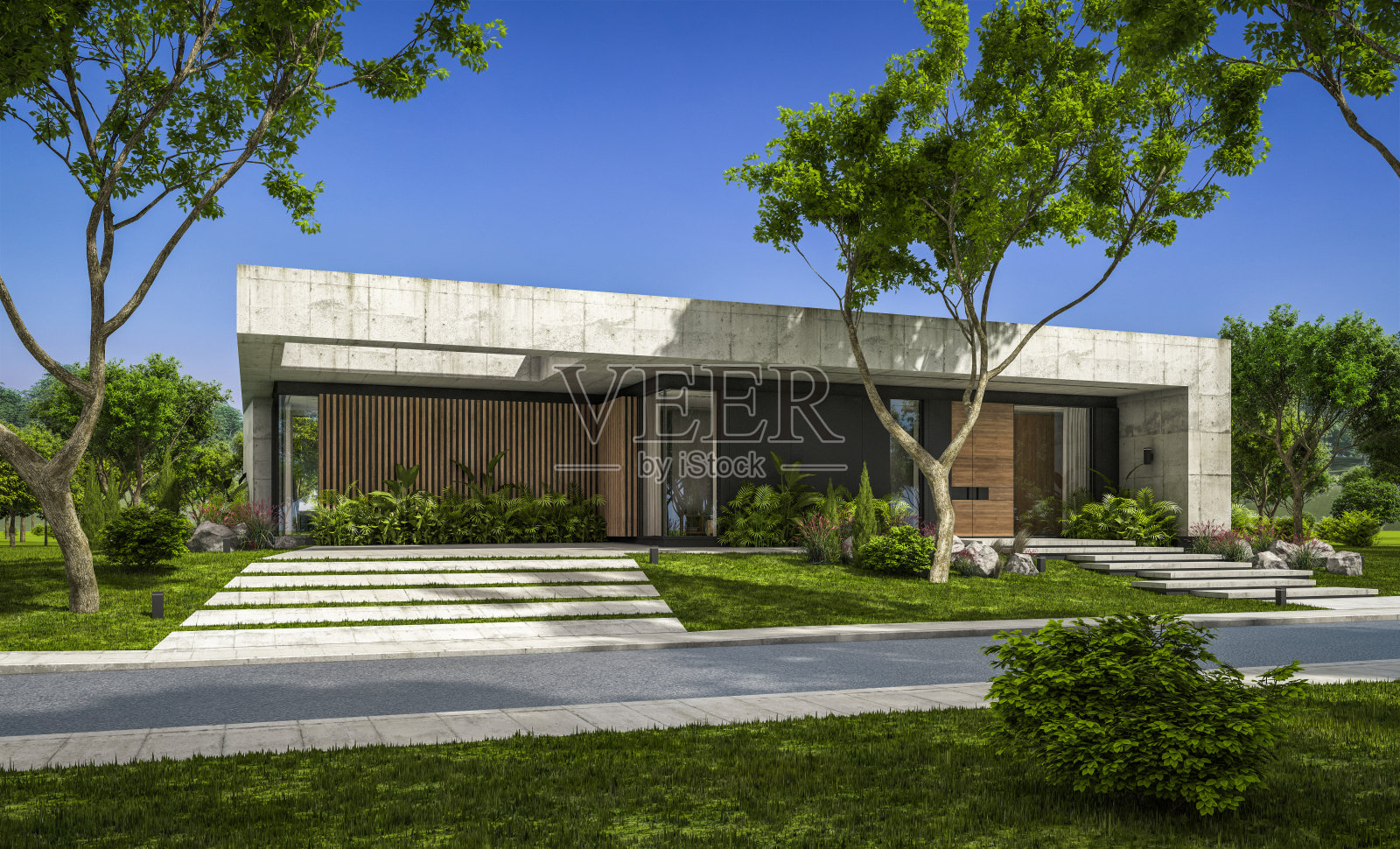 现代风格的新混凝土房子的3d效果图照片摄影图片