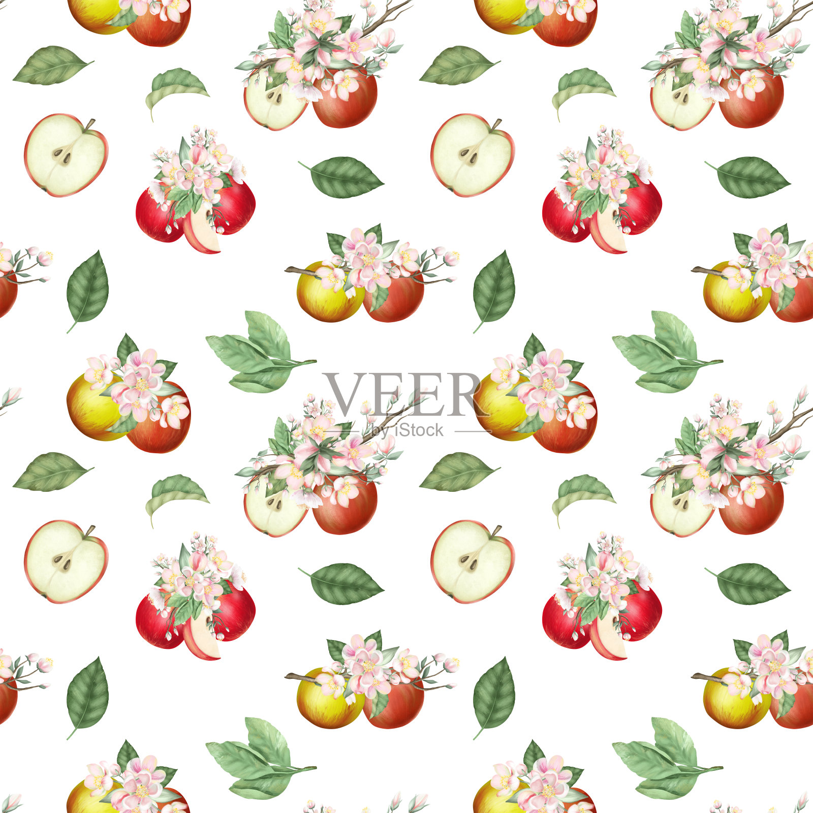 无缝图案手绘红苹果，苹果树花和叶子在白色背景上插画图片素材