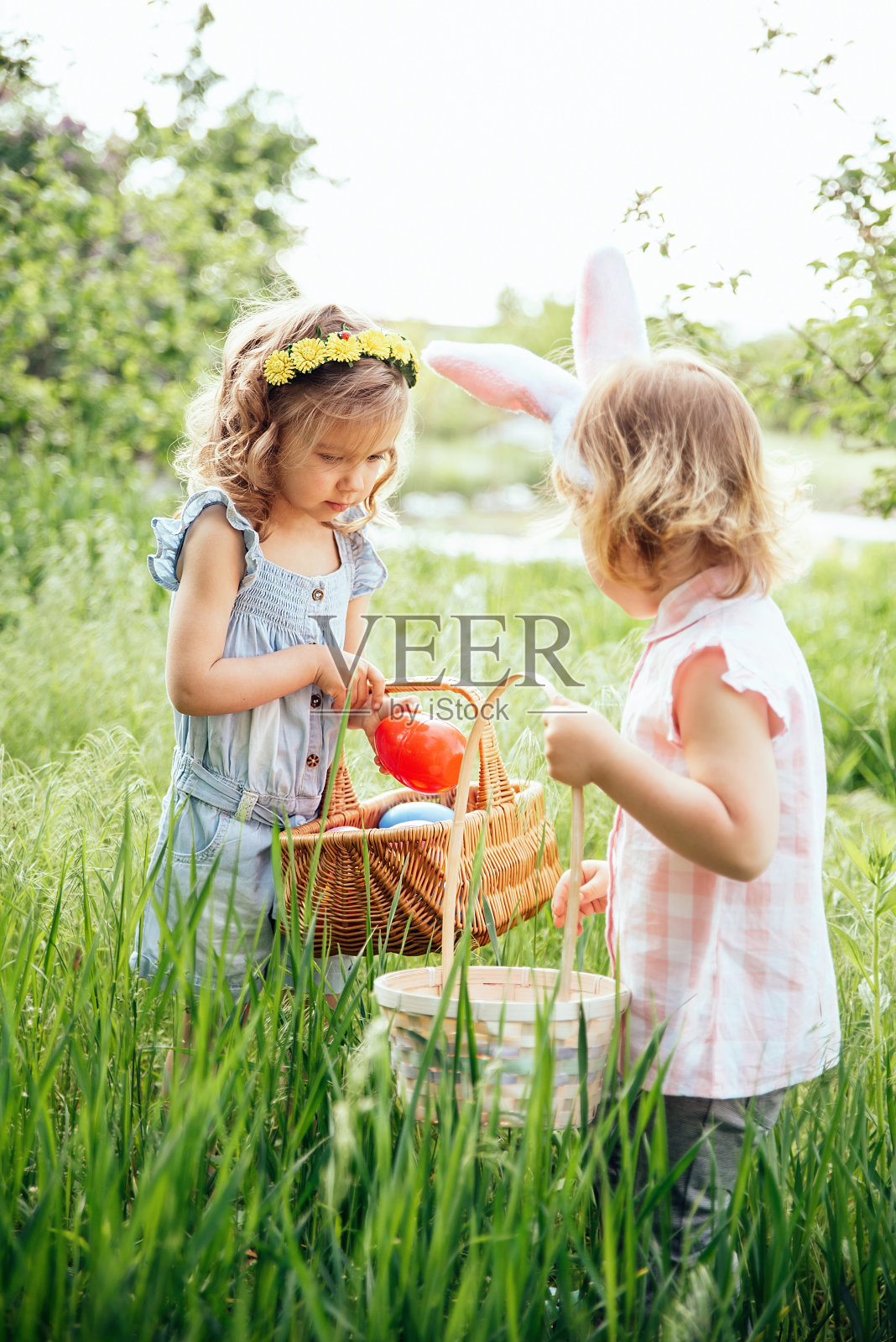 一群戴着兔子耳朵的孩子在花园里寻找复活节彩蛋照片摄影图片