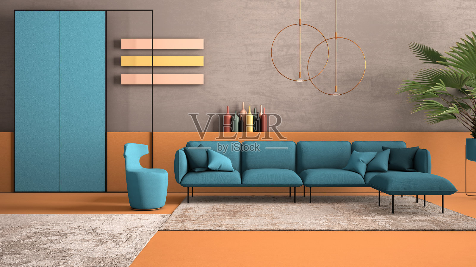 橙色和浅蓝色现代客厅，柔和的颜色，沙发，扶手椅，地毯，混凝土墙，盆栽植物，铜灯。室内设计氛围，建筑理念照片摄影图片