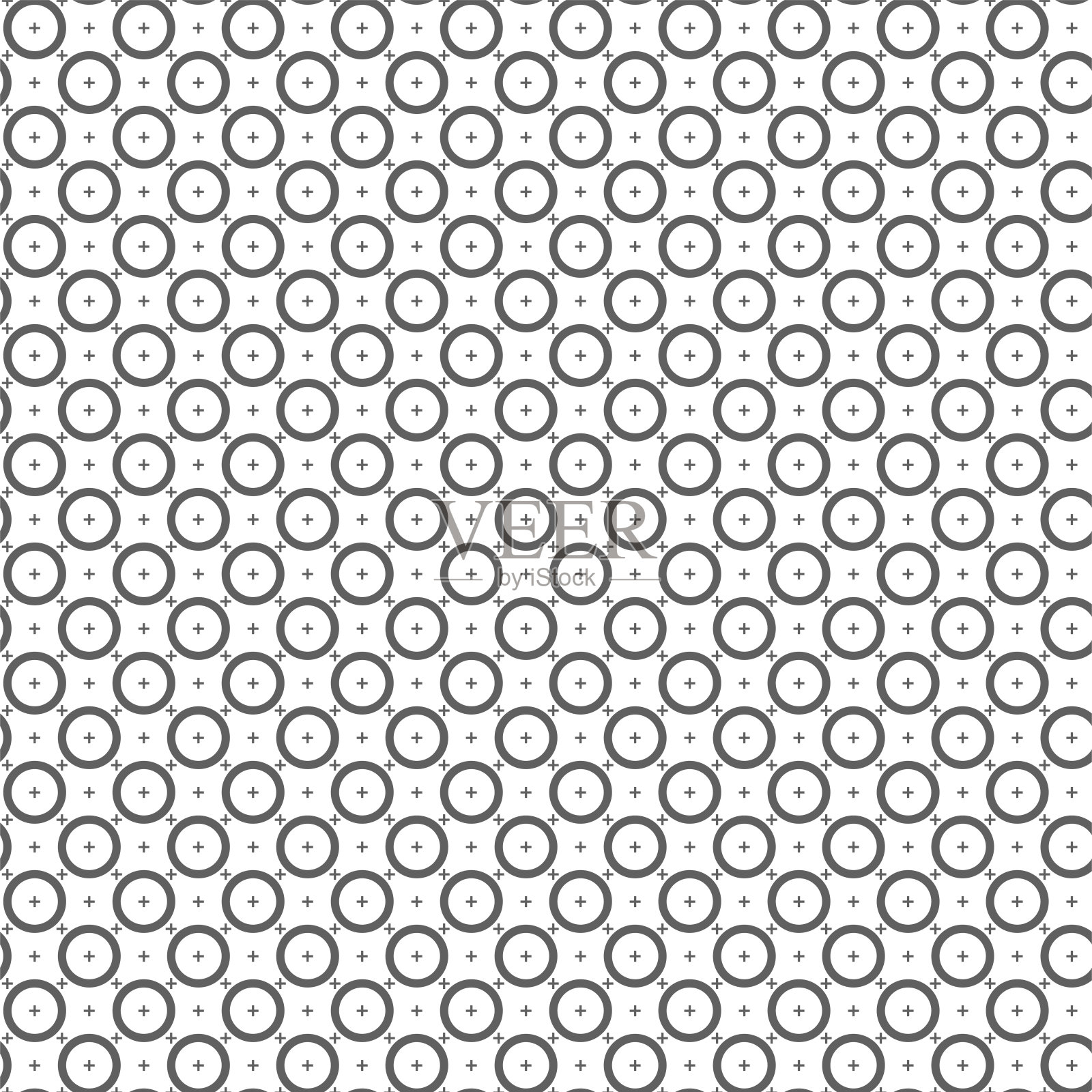 矢量插图。几何无缝模式。实心的线性圆和交叉。斑点灰色和白色背景。简单的黑白抽象图案。插画图片素材