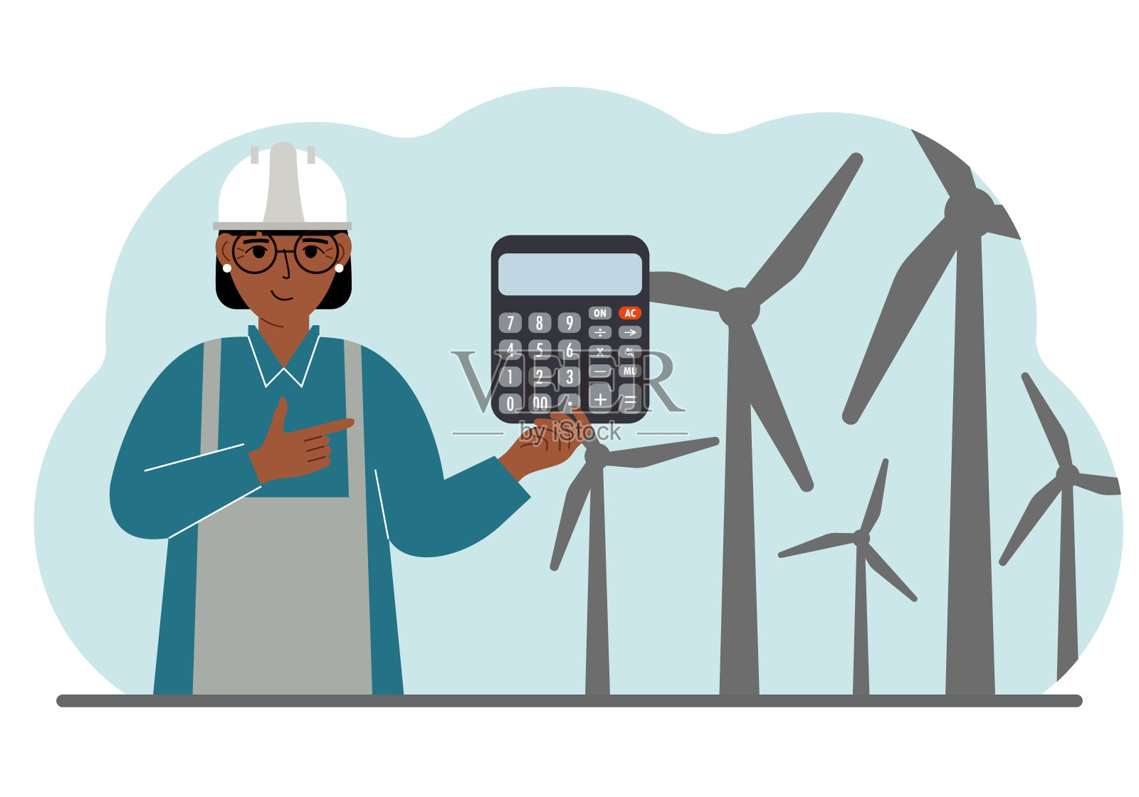 技术工程师妇女，能源风电场。清洁替代能源的概念。保护环境，保护生态。设计元素图片