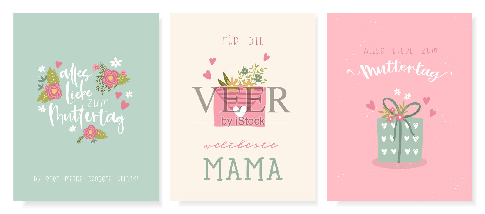 可爱的手绘母亲节设计，可爱的花和写在德国说“世界上最好的妈妈”“母亲节快乐”和其他谚语，伟大的卡片，邀请，礼物，横幅-矢量设计设计模板素材