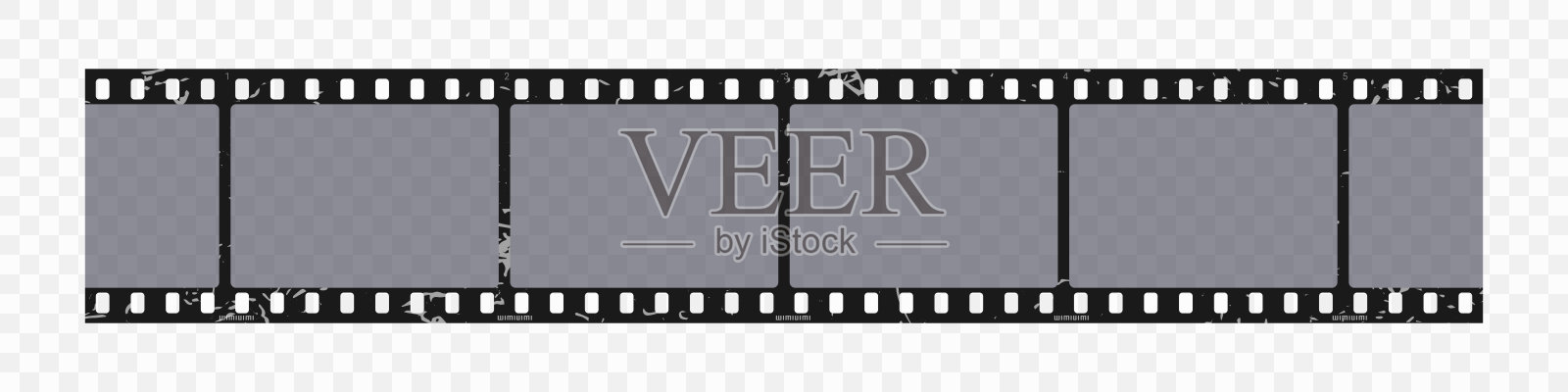 在透明的背景上的垃圾电影带子。复古的刮花相机照片卷。老式幻灯带，有穿孔，有边框或有画框。矢量图插画图片素材