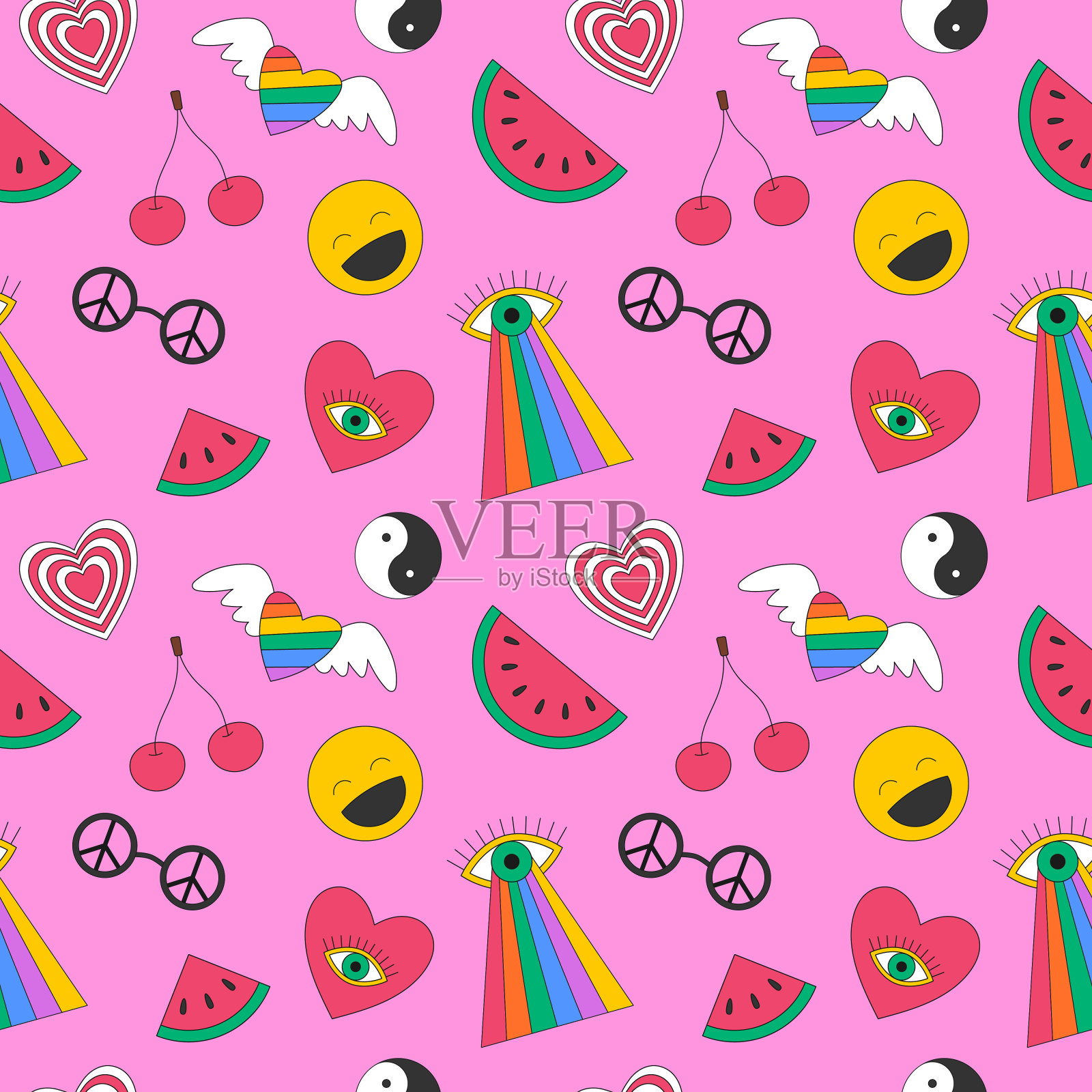 无缝图案与70年代的复古符号。迷幻的眼睛，笑脸，樱桃，和平符号，西瓜，樱桃。非常适合纺织品和包装纸。粉红色的颜色向量插图。插画图片素材