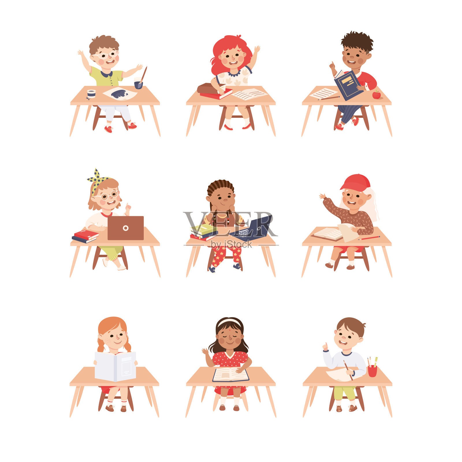 小学生坐在桌子旁，拿着书本和笔记本，参与小学教育向量集插画图片素材