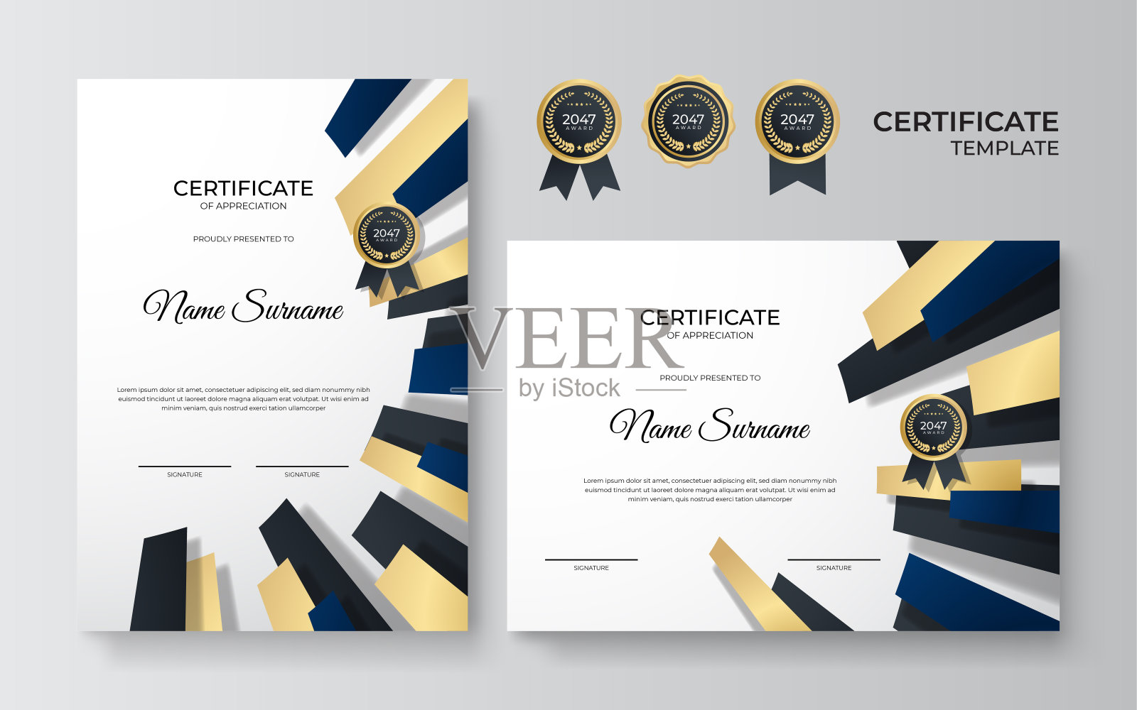 蓝色和金色成就证书边框模板，豪华徽章和现代线条图案。为了奖励，商业，奖励，成就和教育的需要插画图片素材