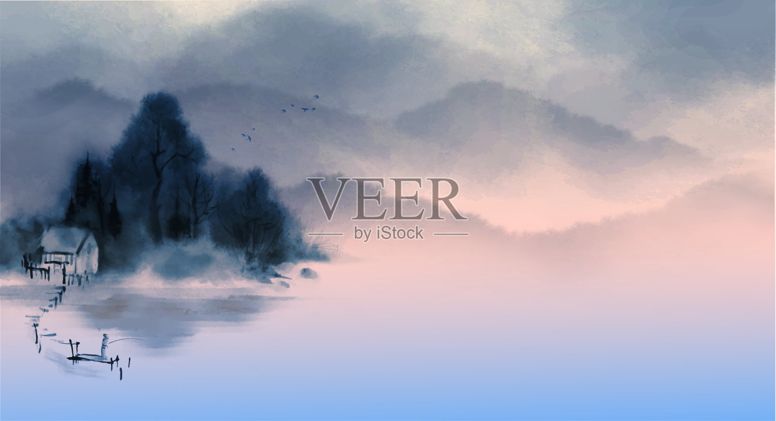 雾蒙蒙的蓝色江面，老码头上的渔夫。传统的东方水墨画，墨画，墨画插画图片素材