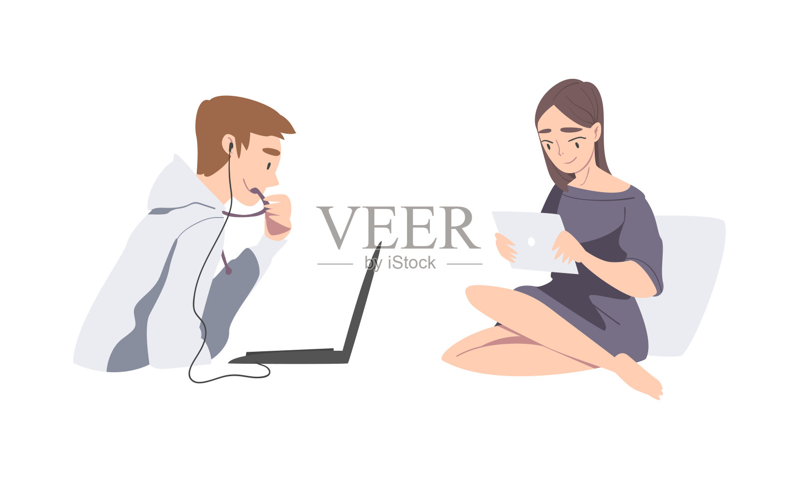 人们戴着耳机，用笔记本电脑设置卡通矢量插图插画图片素材