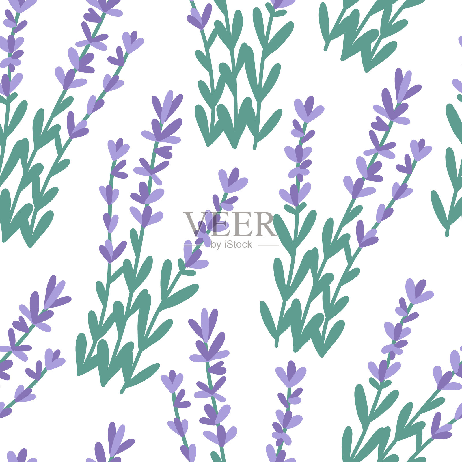 手绘无缝模式与薰衣草束，平面矢量插图在白色背景。插画图片素材