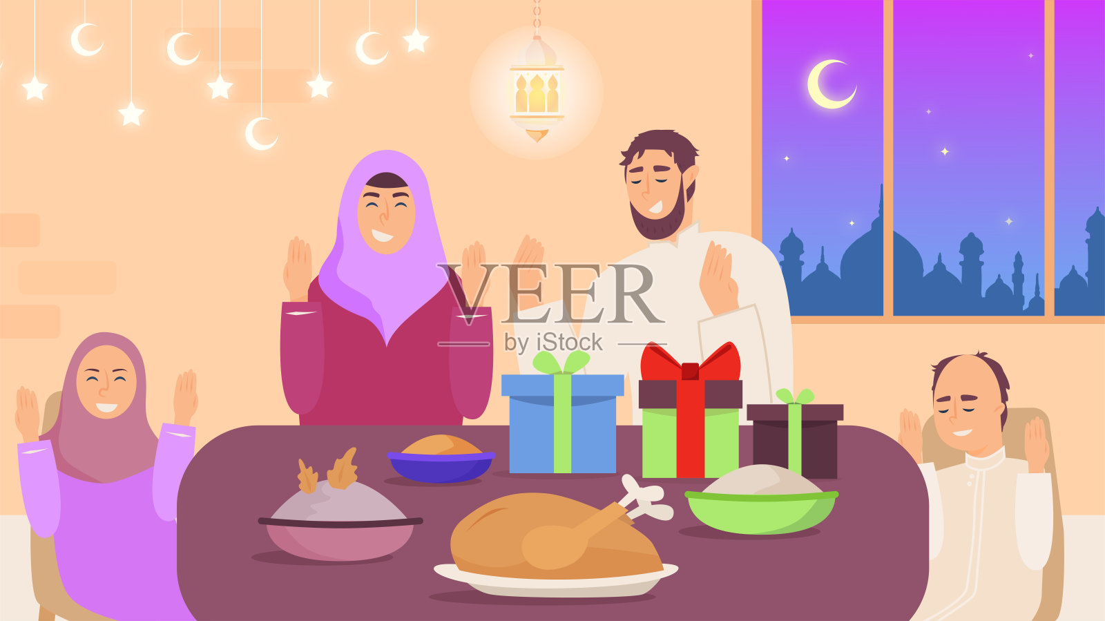 穆斯林家庭在开斋晚餐前一起祈祷。斋月贾巴尔。矢量平面插图。插画图片素材