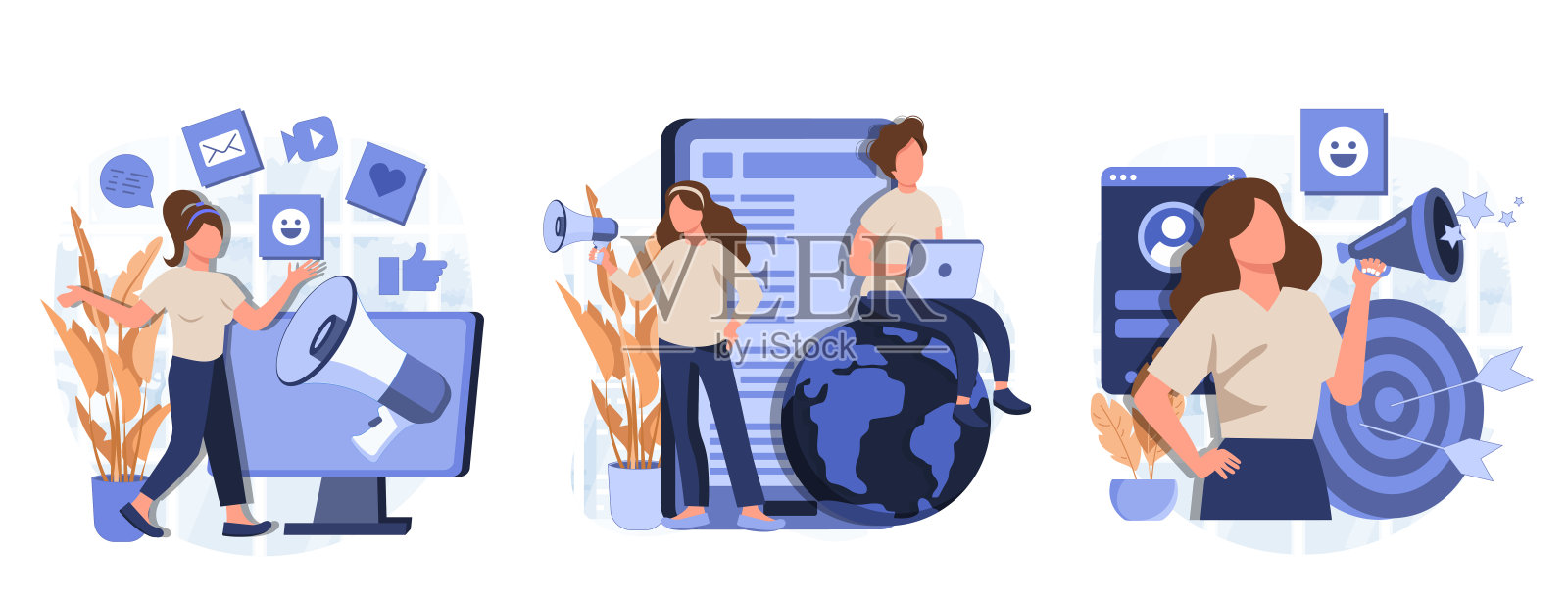 社交媒体营销概念孤立的人的情况。现场集合人用扩音器吸引新客户，做广告，促销。大型集。平面设计中的矢量插图插画图片素材