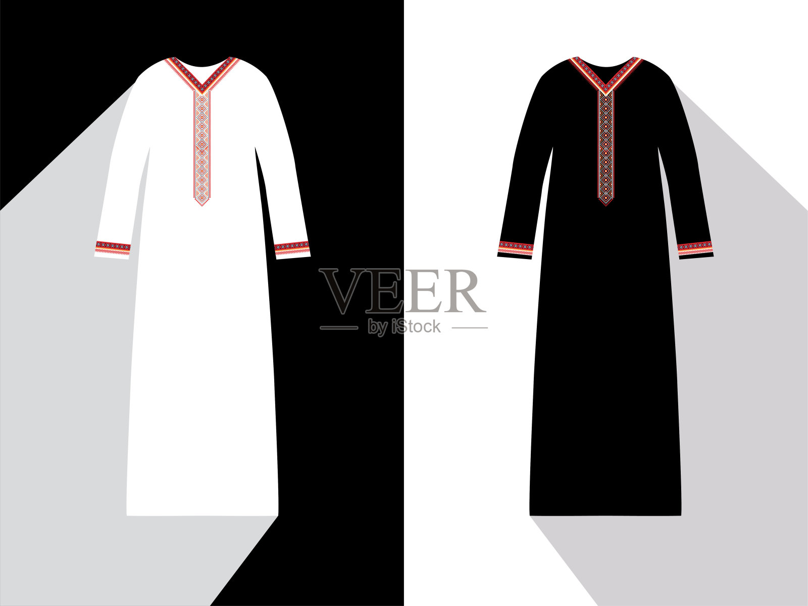 设计传统的伊斯兰穆斯林女装，黑色和白色时尚美丽的阿拉伯联合酋长国或沙特阿拉伯的长袍。豪华图标长袍。美丽的阿拉伯长袍，穆斯林头巾，伊斯兰女性服装插画图片素材