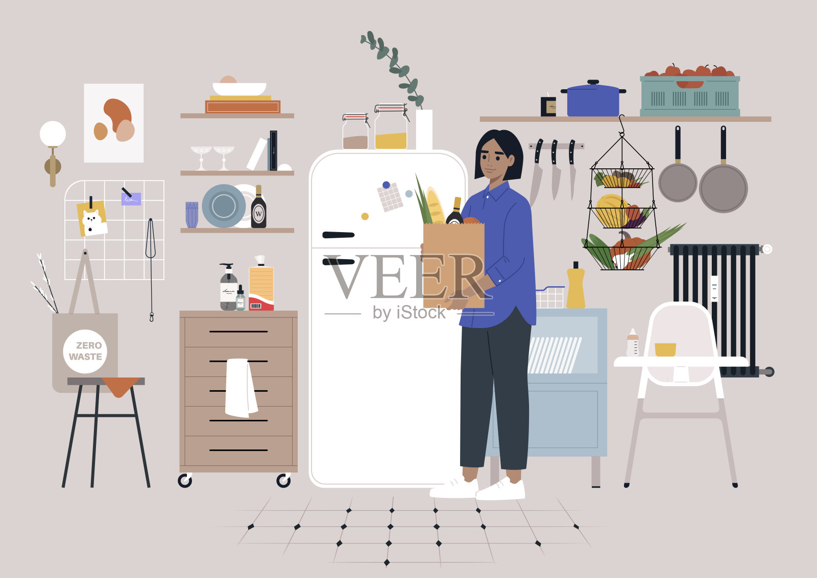 装饰华丽的厨房内部，墙上挂着冰箱、架子、抽屉和烹饪设备插画图片素材