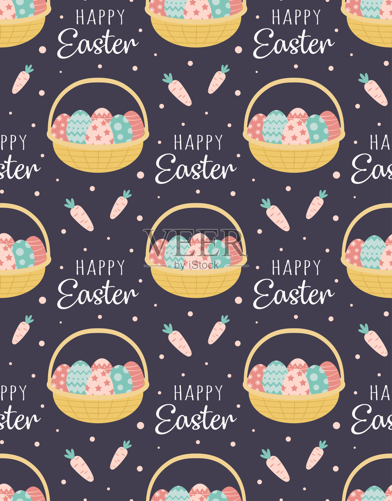 无缝图案与篮子复活节彩蛋设计模板素材