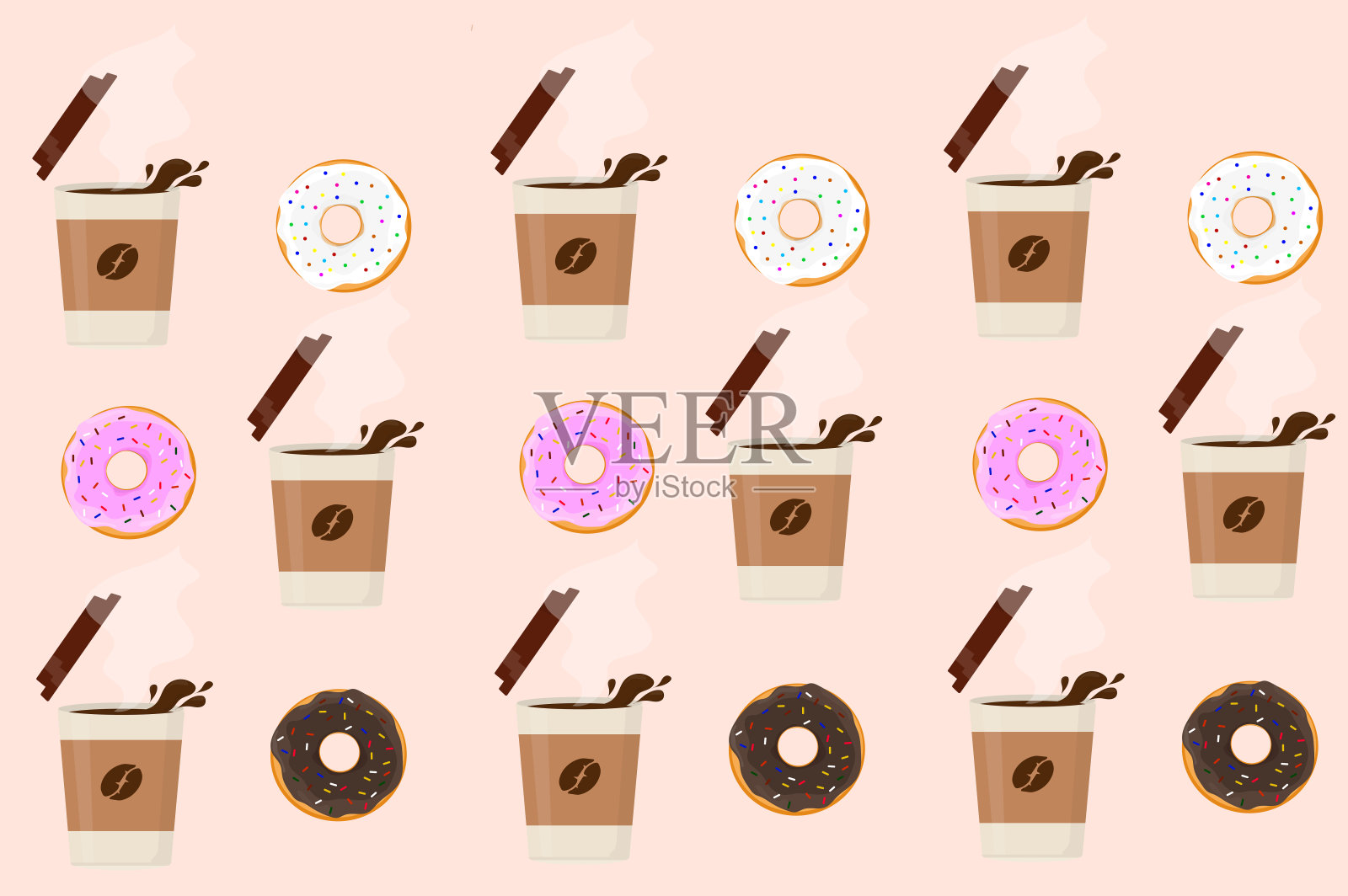 一杯新鲜的黑烤咖啡浓缩拿铁卡布奇诺与甜甜圈纹理图案插画图片素材