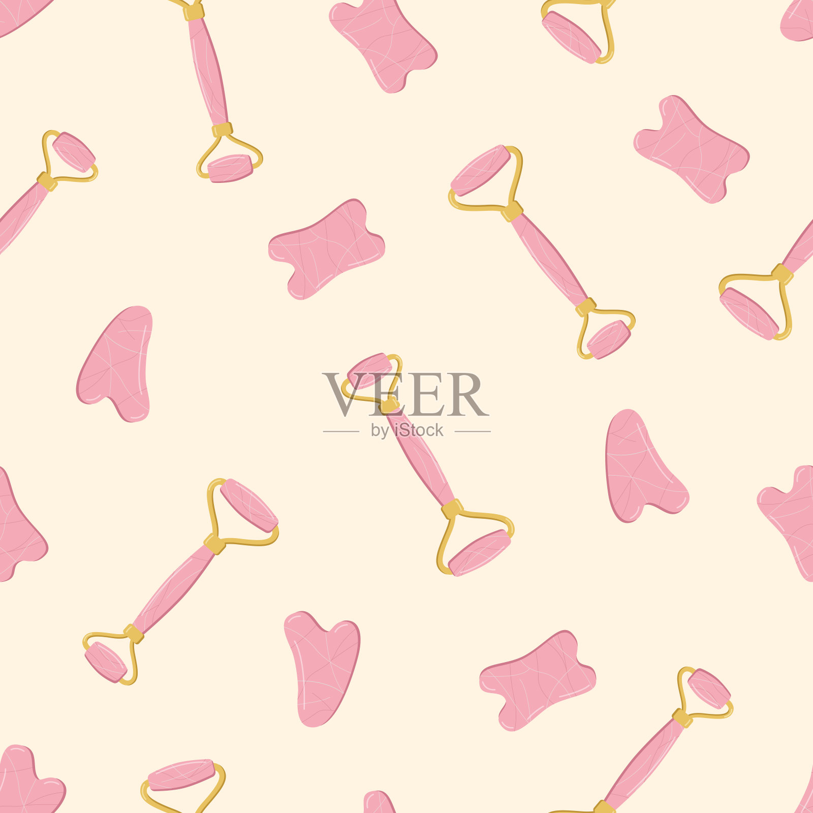 由天然石材和化妆品油制成的时尚刮痧刮板，无缝图案，滚轮按摩面部护理。矢量插图皮肤护理概念。插画图片素材