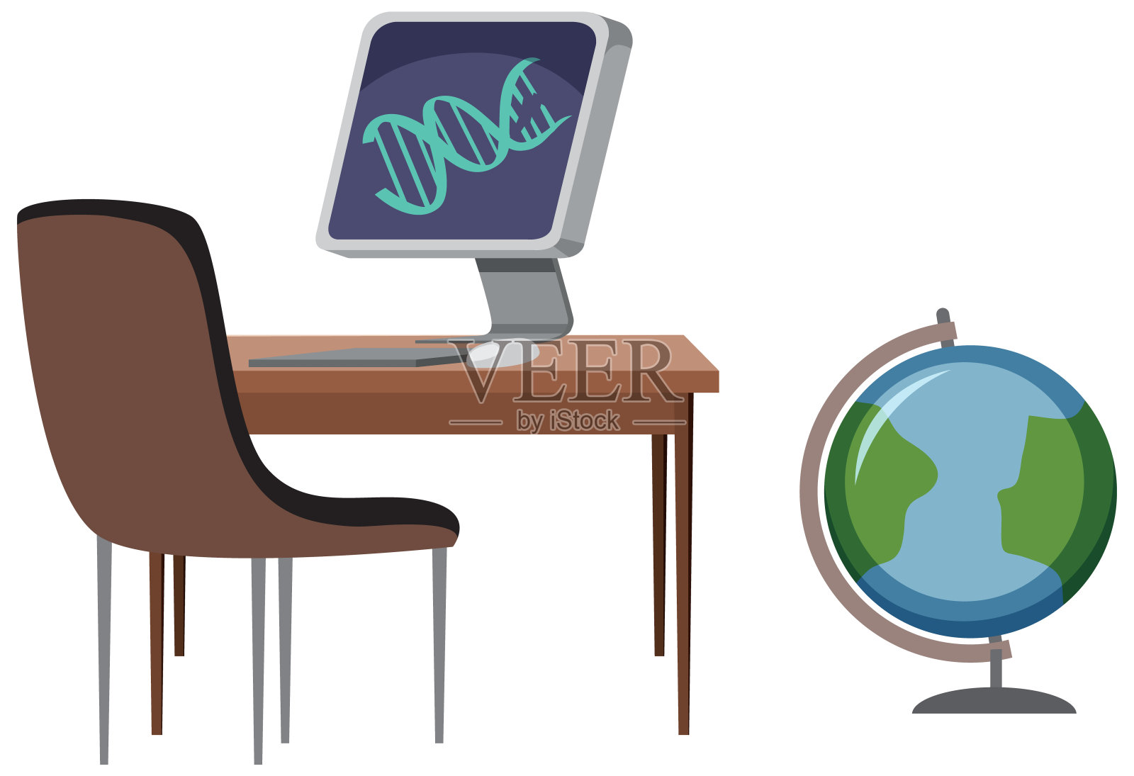 电脑放在桌子上，还有地球仪插画图片素材