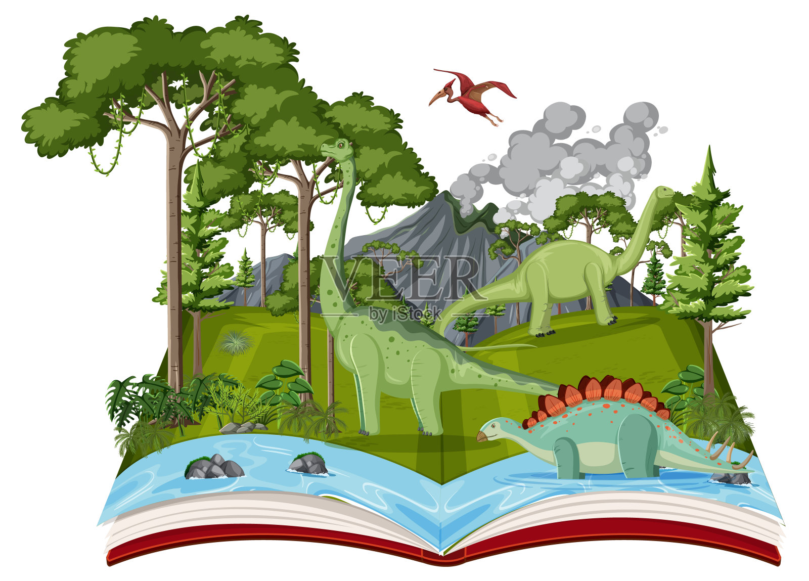 书里有恐龙在森林里的场景插画图片素材