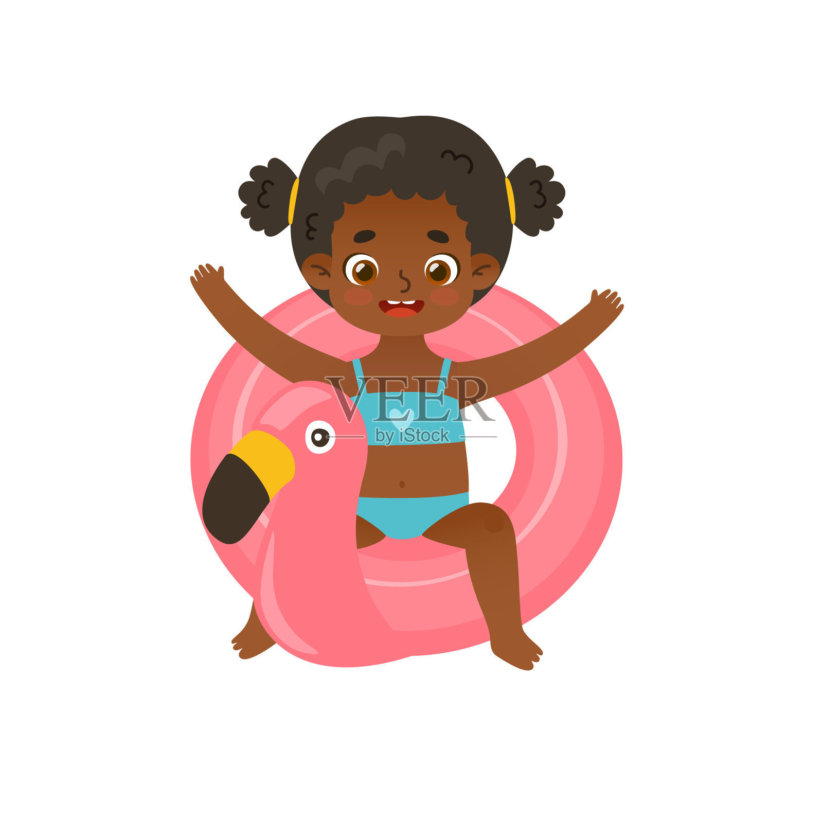 快乐的非裔美国孩子，在充气火烈鸟上。可爱的小女孩带着橡胶圈游泳。插画图片素材
